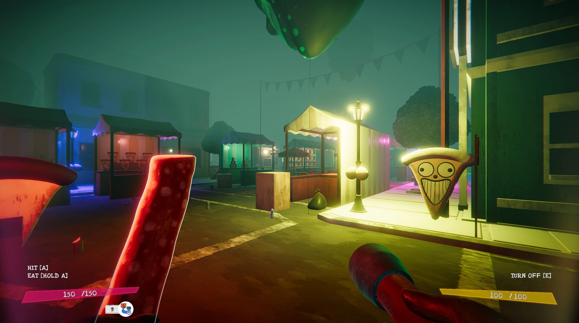 Pizza Deathlivery: Player wields glowing weapon in eerie street market with mist and creepy pizza mascots