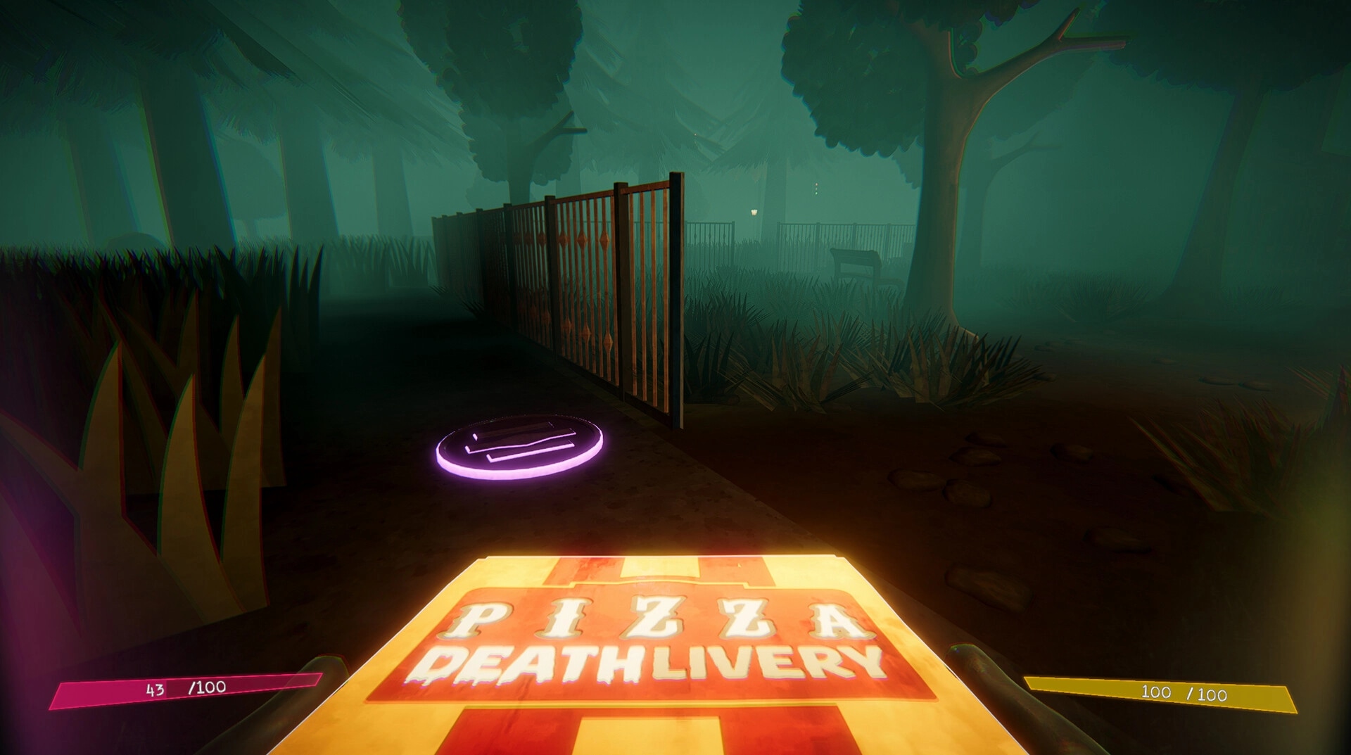 Pizza Deathlivery: First-person view holding pizza box in misty forest with glowing waypoint ahead