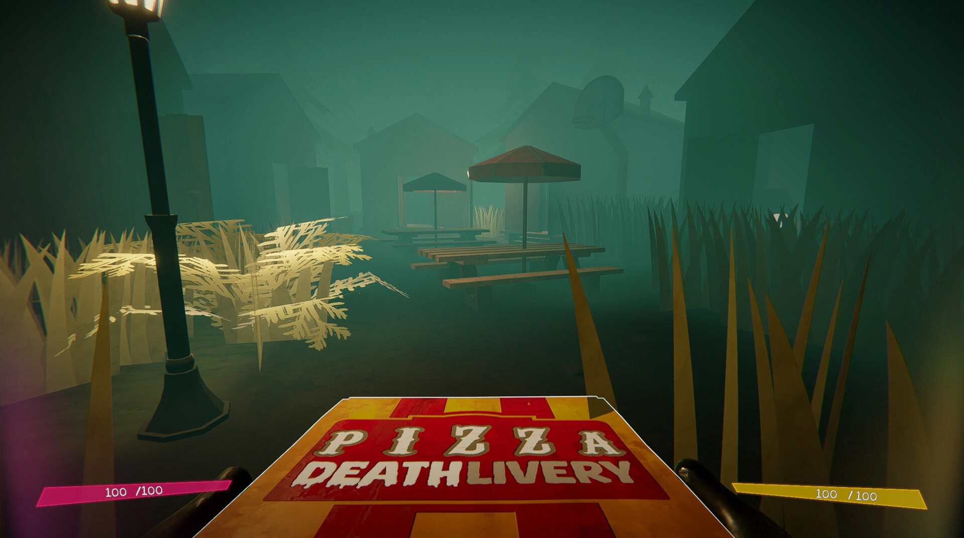 Pizza Deathlivery: First-person view of misty street with pizza box and health bars visible
