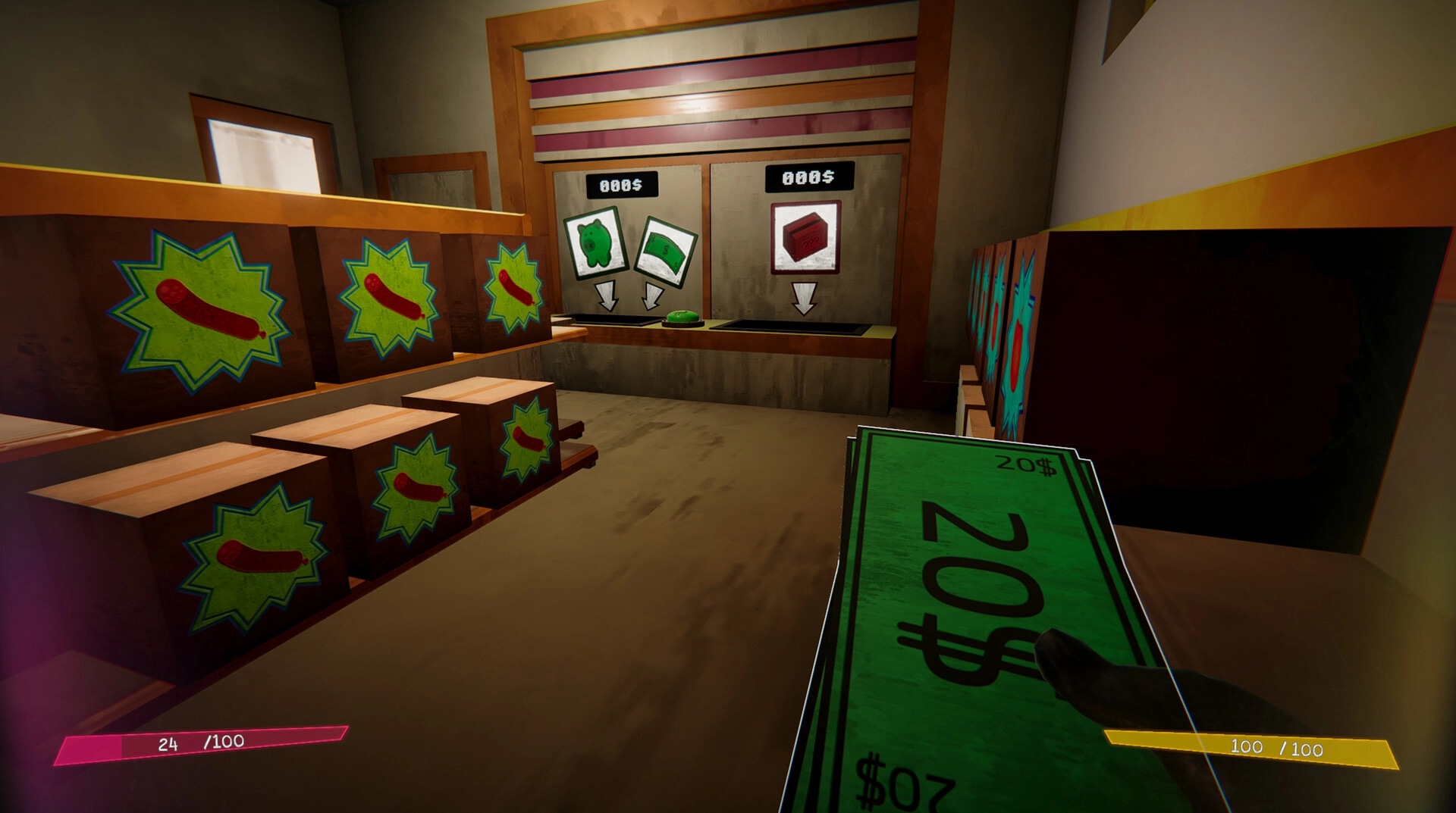 Pizza Deathlivery: Player holding cash in a dimly lit store with boxes and purchase options displayed