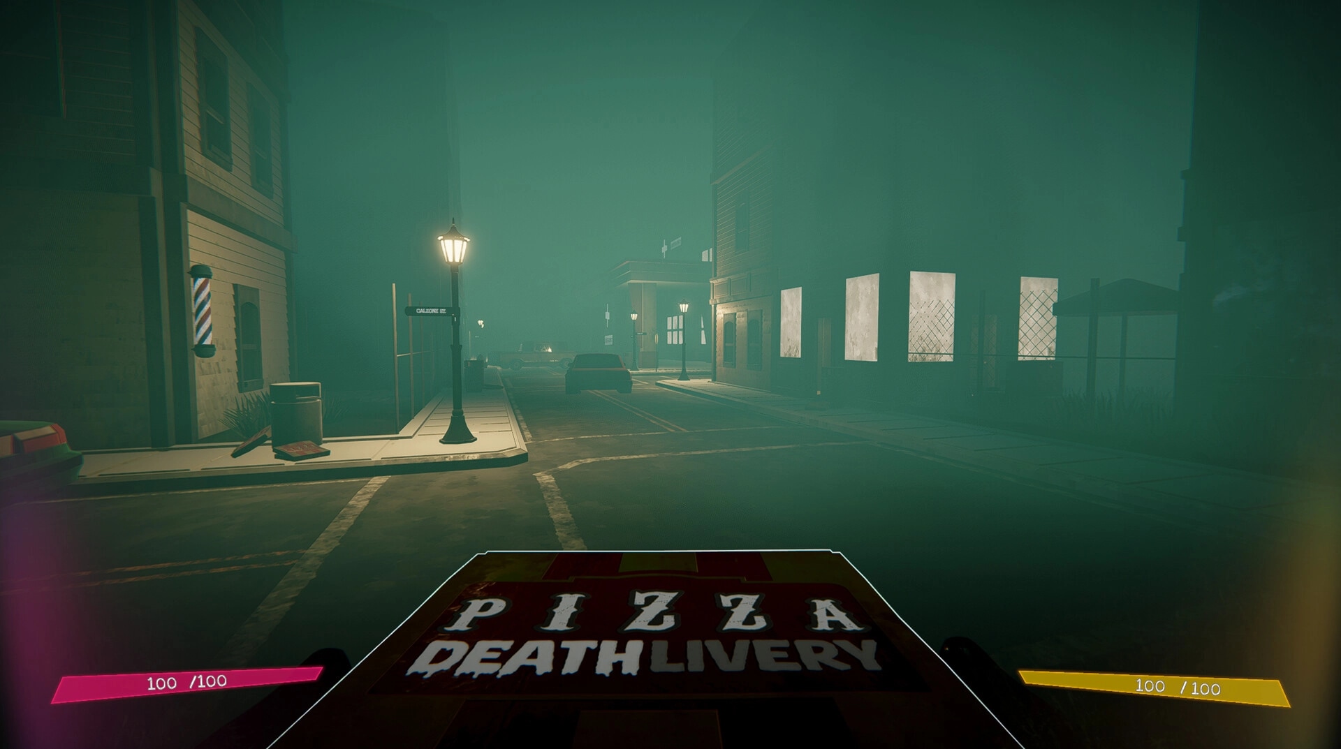 Pizza Deathlivery: First-person view driving through foggy, eerie city street with health bars shown