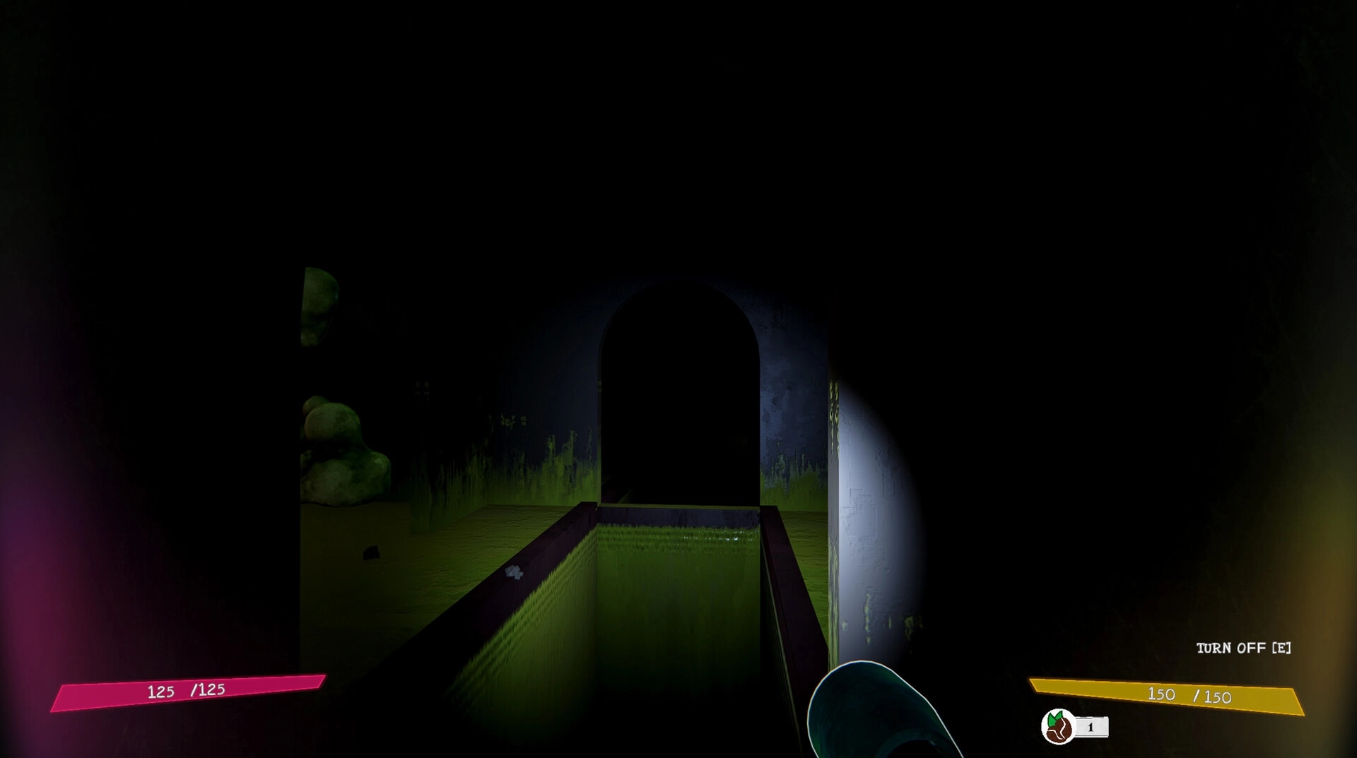 Pizza Deathlivery: Player explores dark corridor with flashlight, health bar visible in eerie environment.