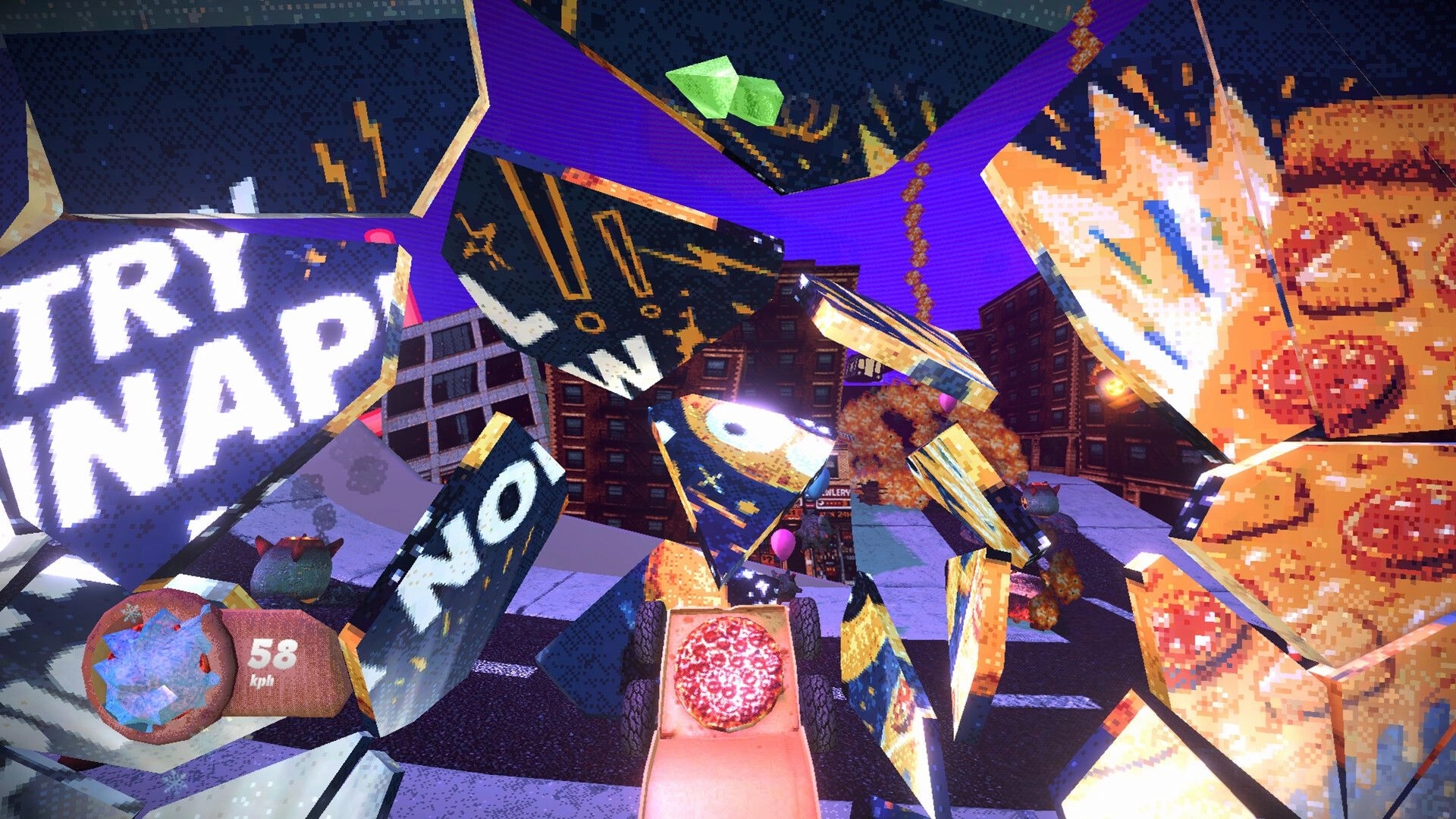 Pizza Turbo: Pizza box car dodges flying ad debris at 58 kph on a neon city street at night.