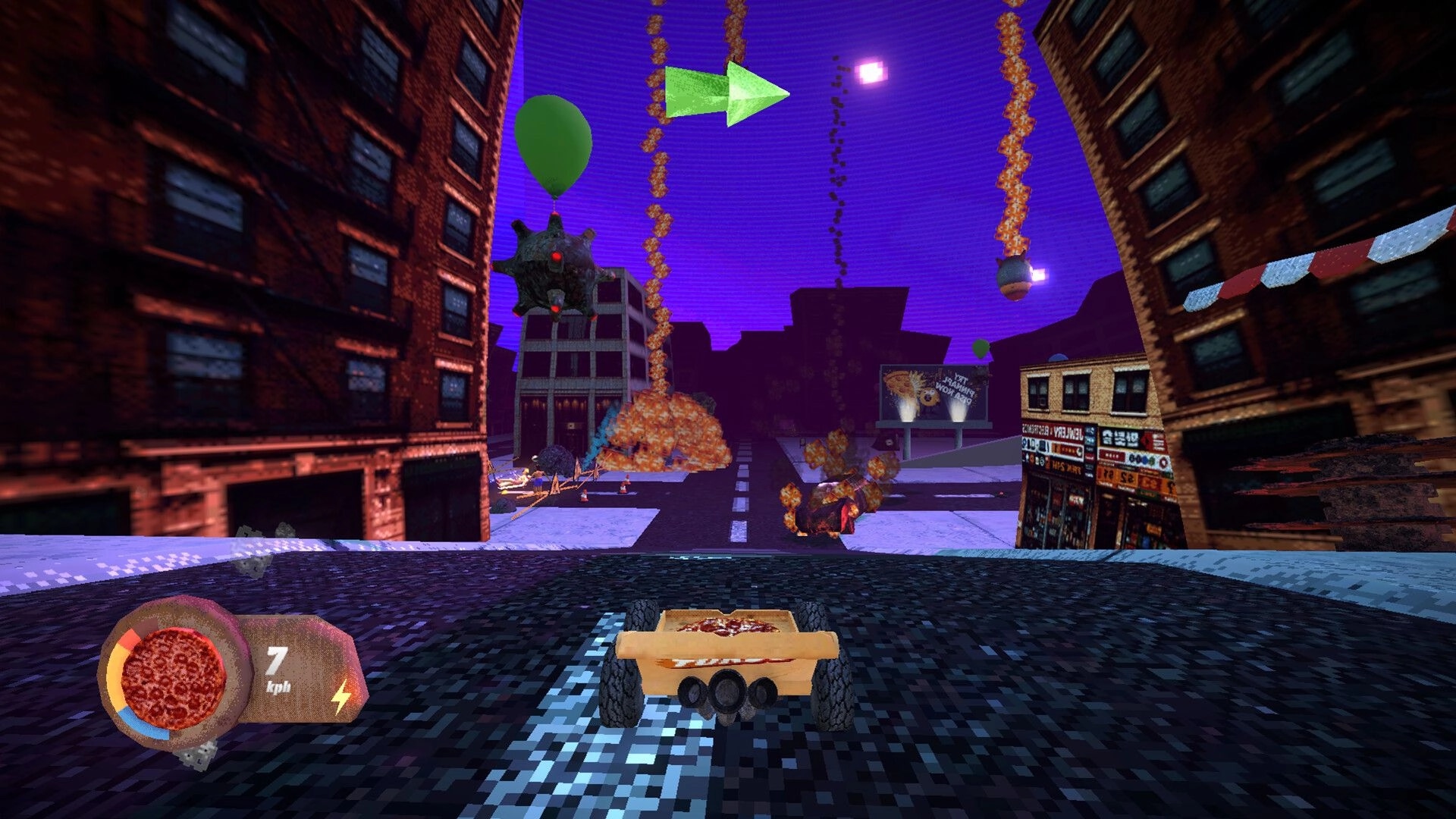 Pizza Turbo: Pizza box car drives through ruined city street with explosions, speed gauge and arrow UI.