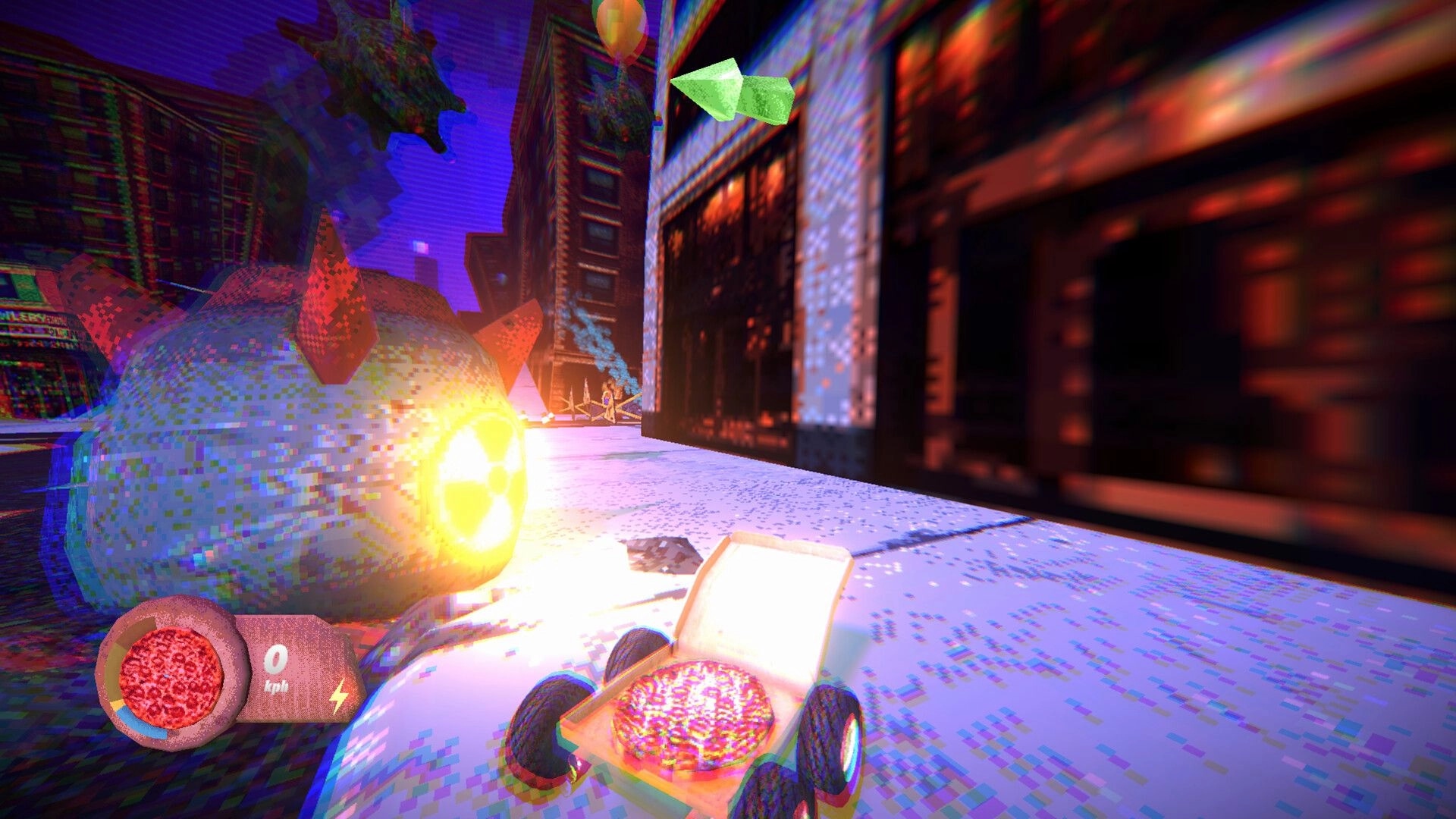 Pizza Turbo: Pizza car idles beside a spiked nuclear bomb in neon city street, 0 kph HUD visible.