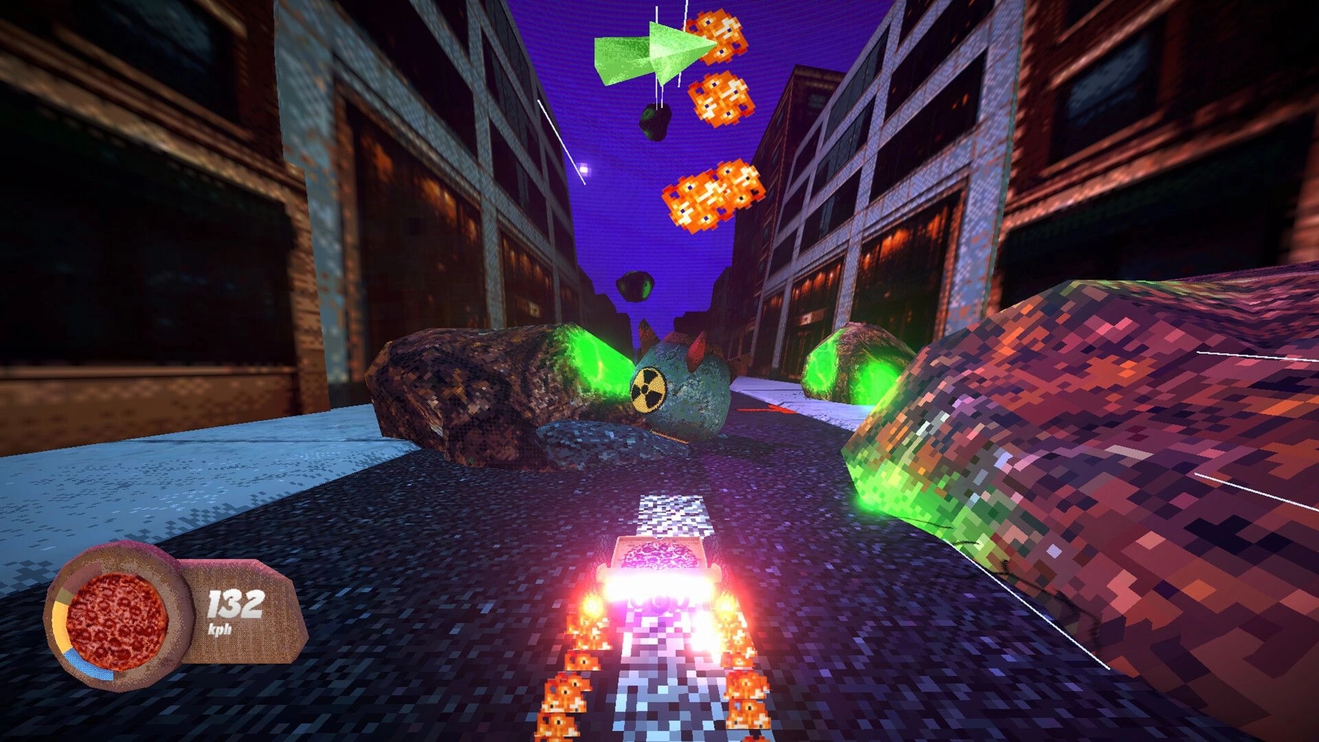 Pizza Turbo: Pizza car boosting at 132 kph past radioactive boulders in a ruined city street canyon.