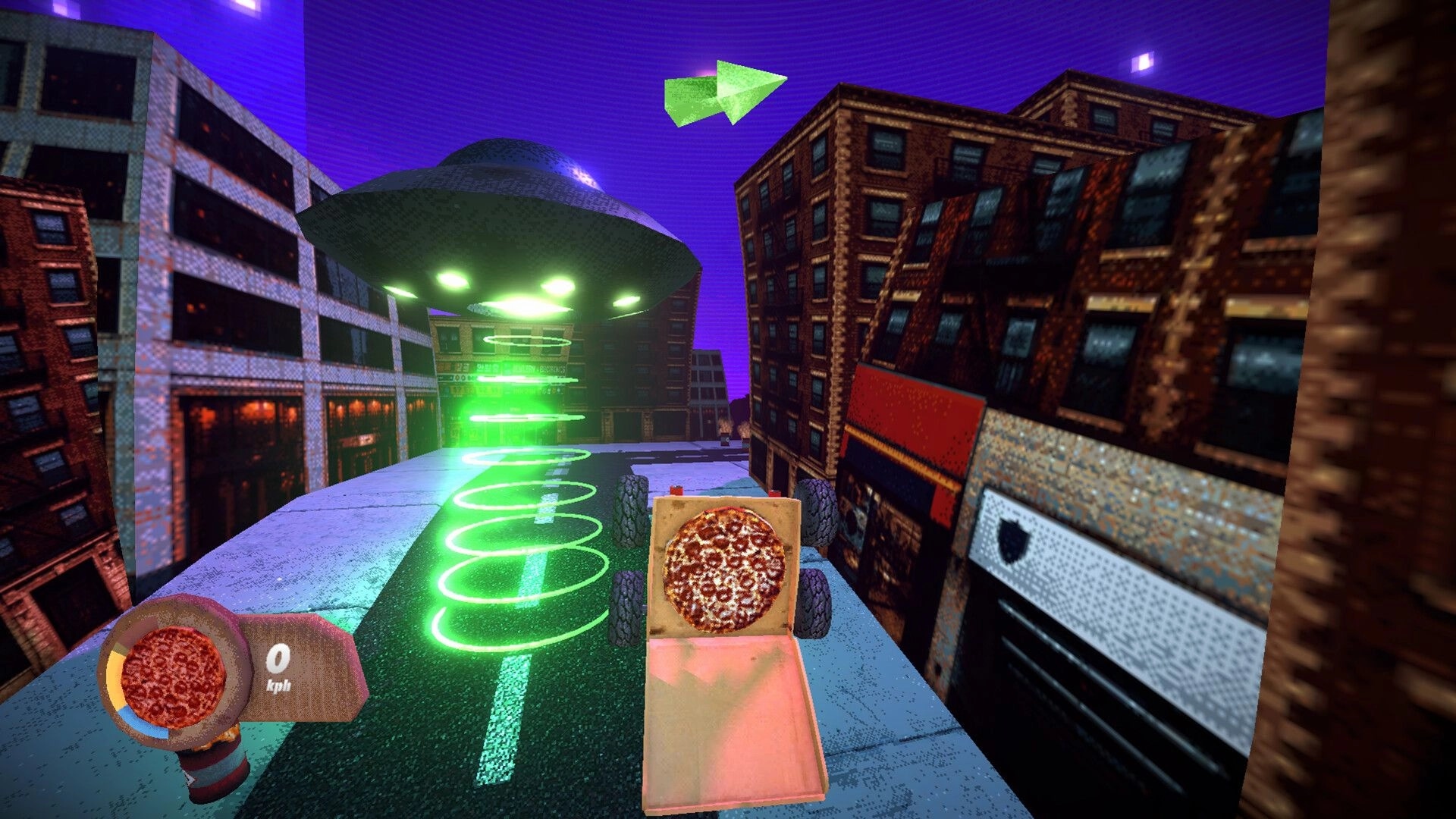 Pizza Turbo: Pizza box car faces UFO beam and green rings in a city street, 0 kph HUD visible.