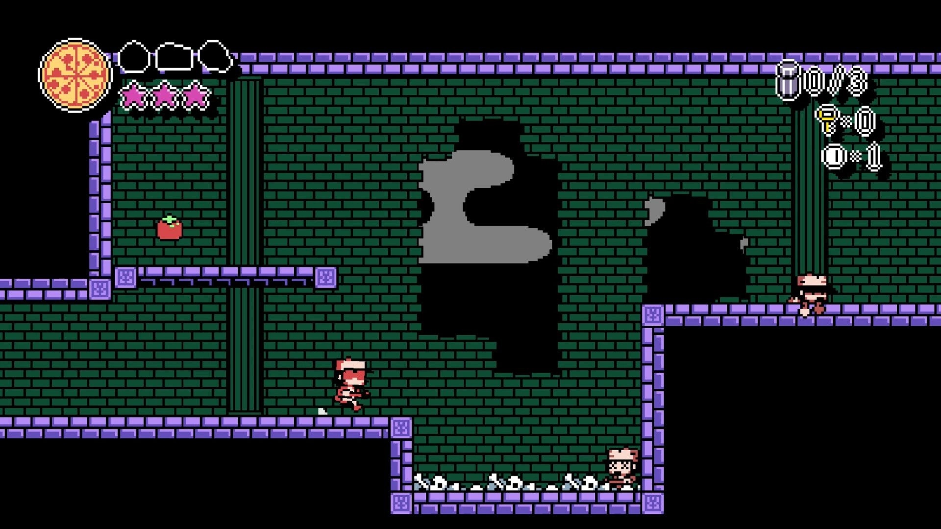PizzaBoy: Player runs past spikes and an apple pickup in green-brick dungeon with HUD counters.