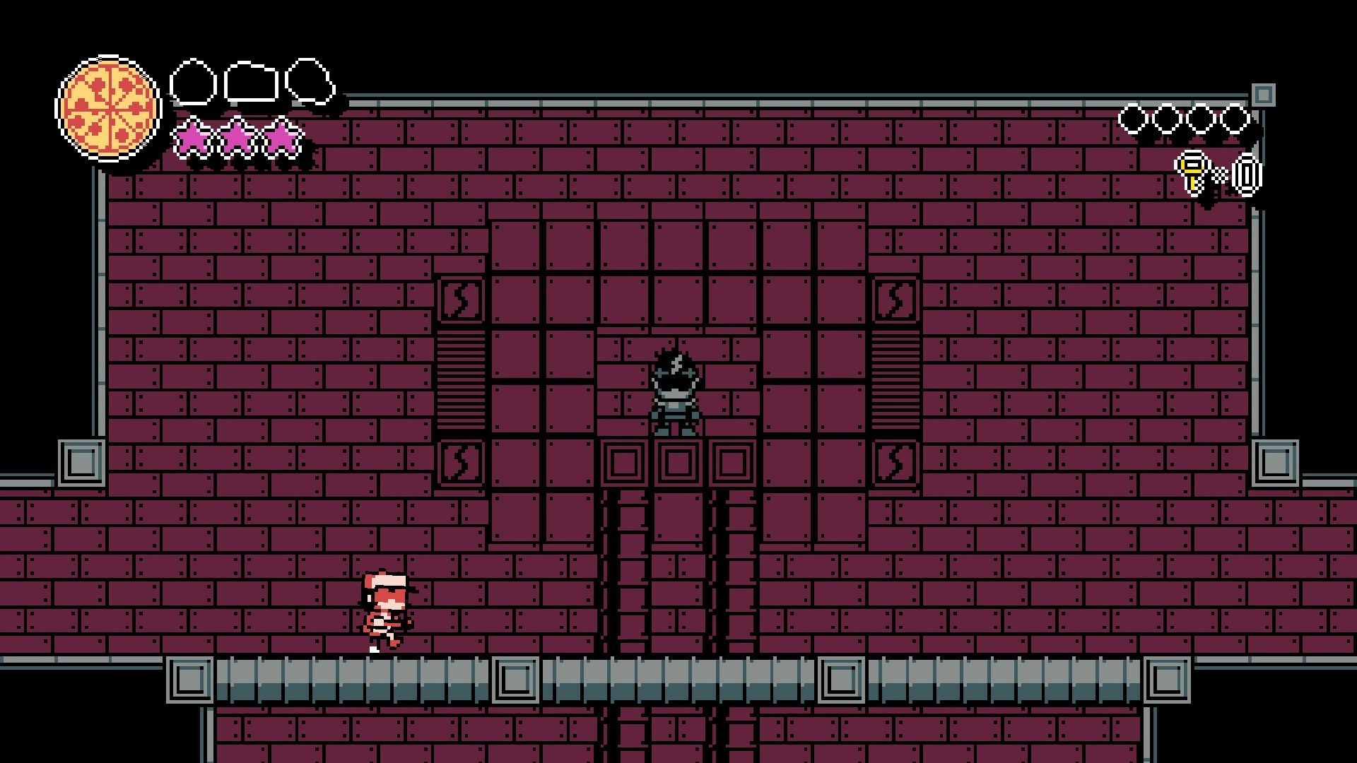 PizzaBoy: Hero runs on a gray bridge beneath a shadowed foe in a purple brick dungeon room.
