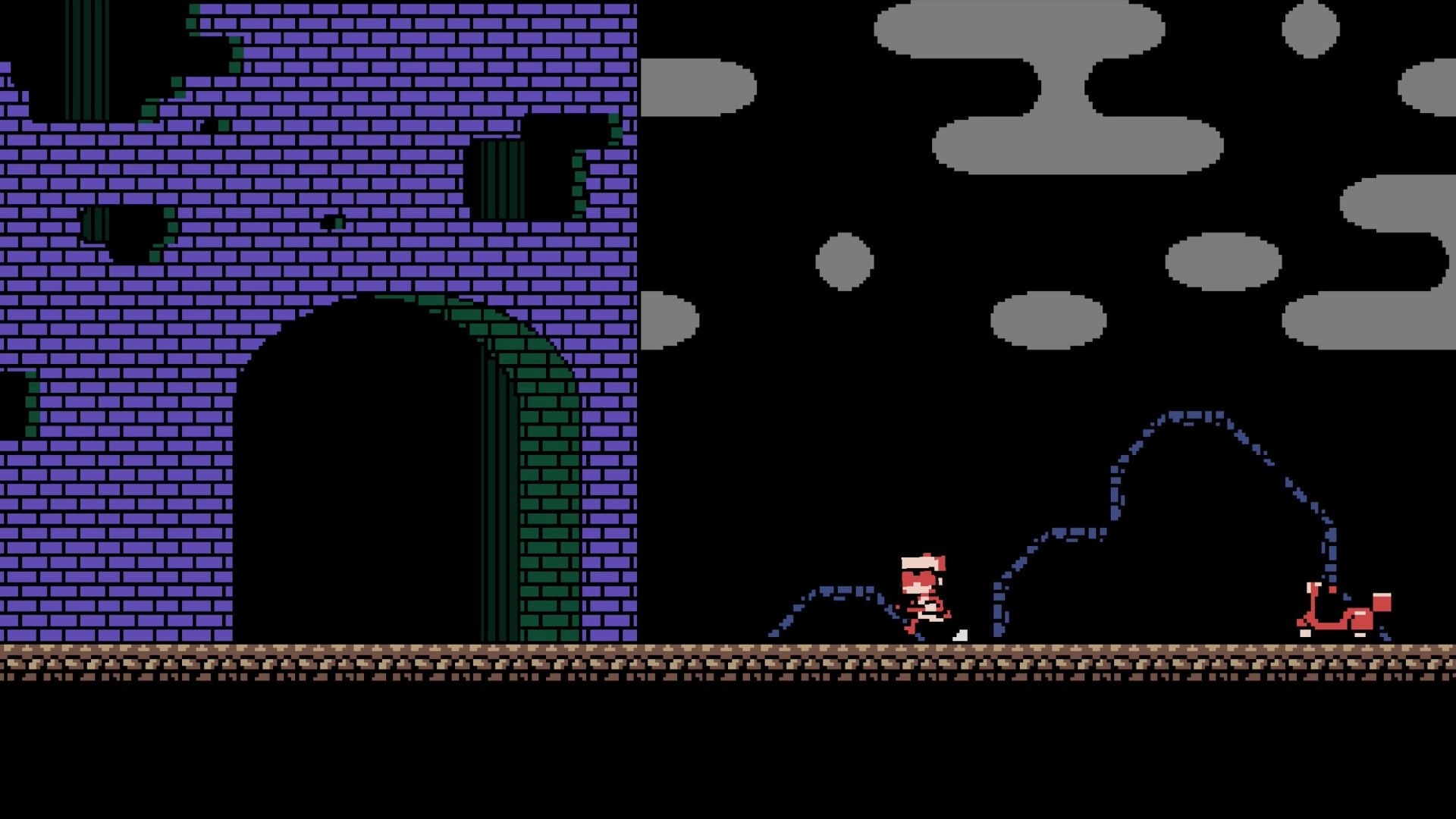 PizzaBoy: PizzaBoy runs along a stone platform past a purple brick archway in a dark cavern stage.