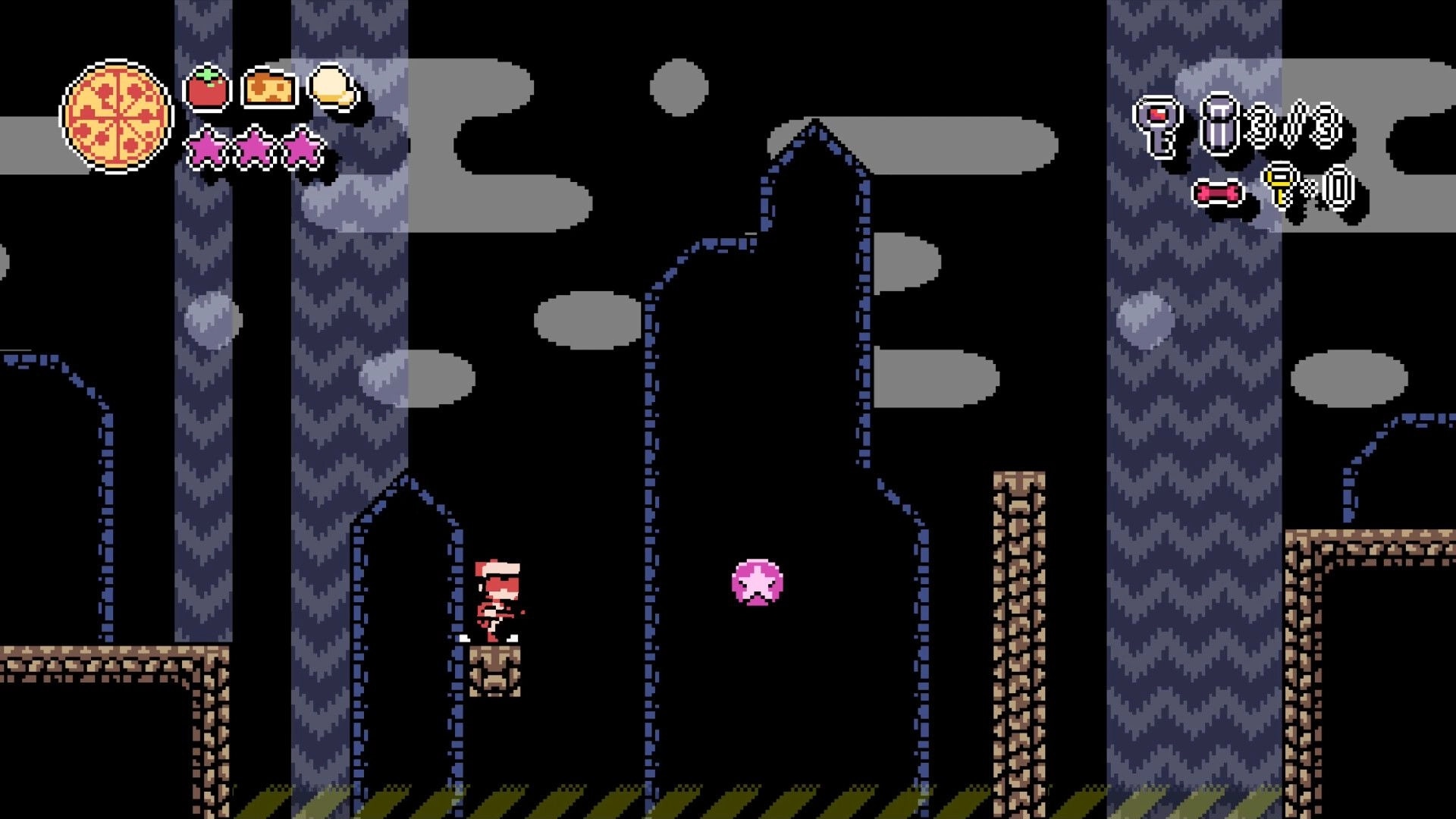 PizzaBoy: PizzaBoy stands on a tiny ledge near a pink enemy in a dark cavern with HUD icons.
