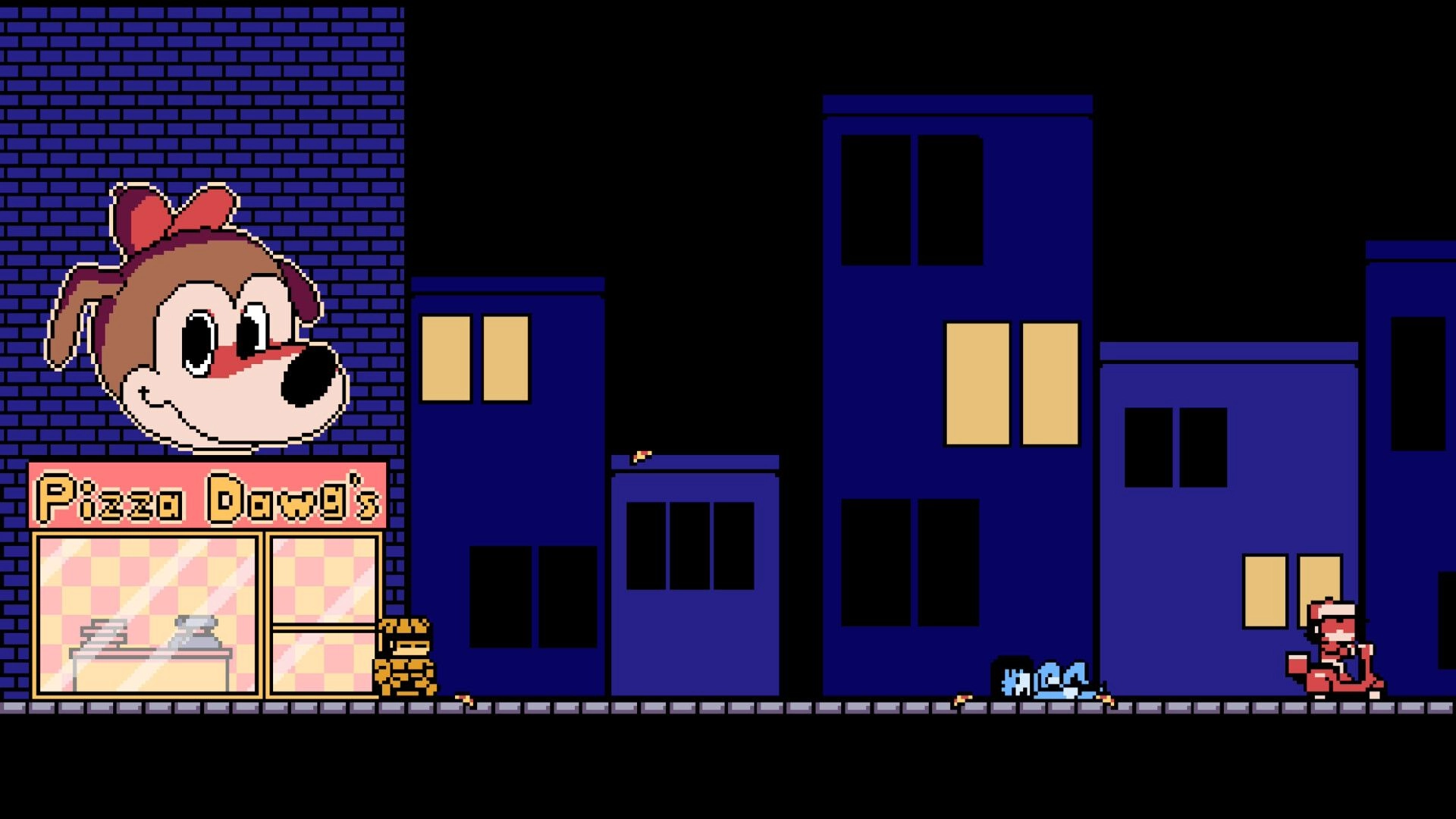 PizzaBoy: PizzaBoy runs past Pizza Dawg's shop sign and blue buildings at night city street level.