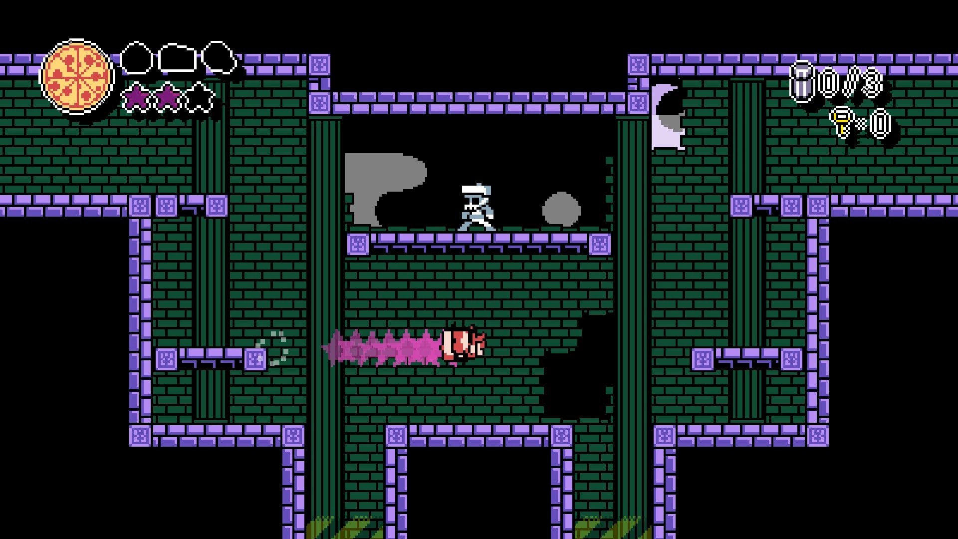 PizzaBoy: Character stands on ledge as a spiked enemy charges through brick corridors in ruins.