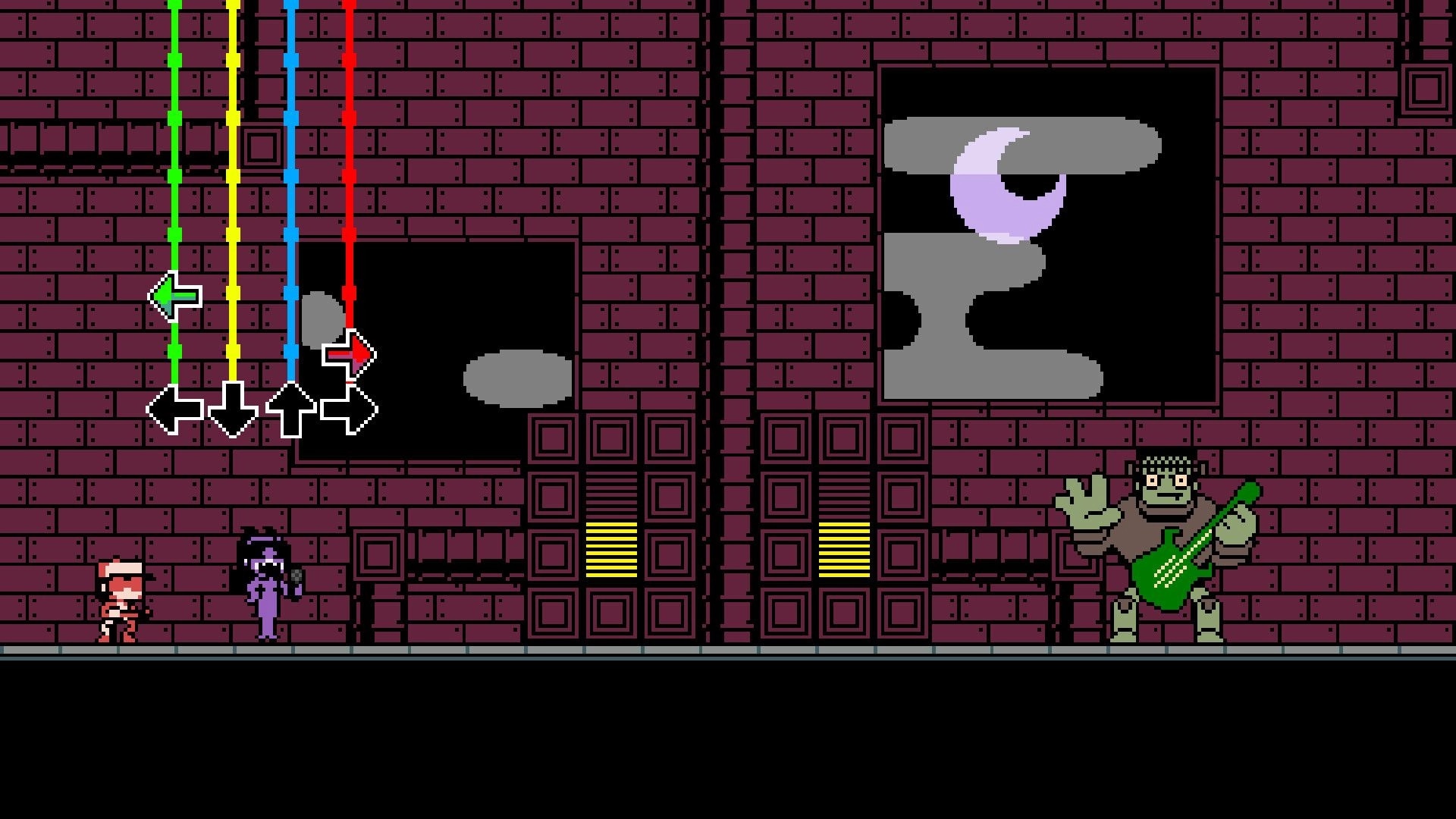 PizzaBoy: Rhythm arrow prompts above PizzaBoy near a purple NPC, facing a guitar monster in brick hall.