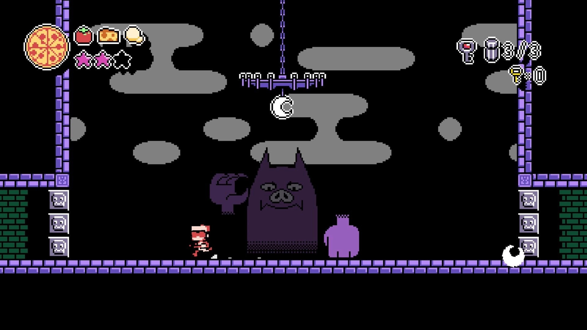 PizzaBoy: PizzaBoy faces a giant purple monster as hearts and pizza icons hover in a dark dungeon room.
