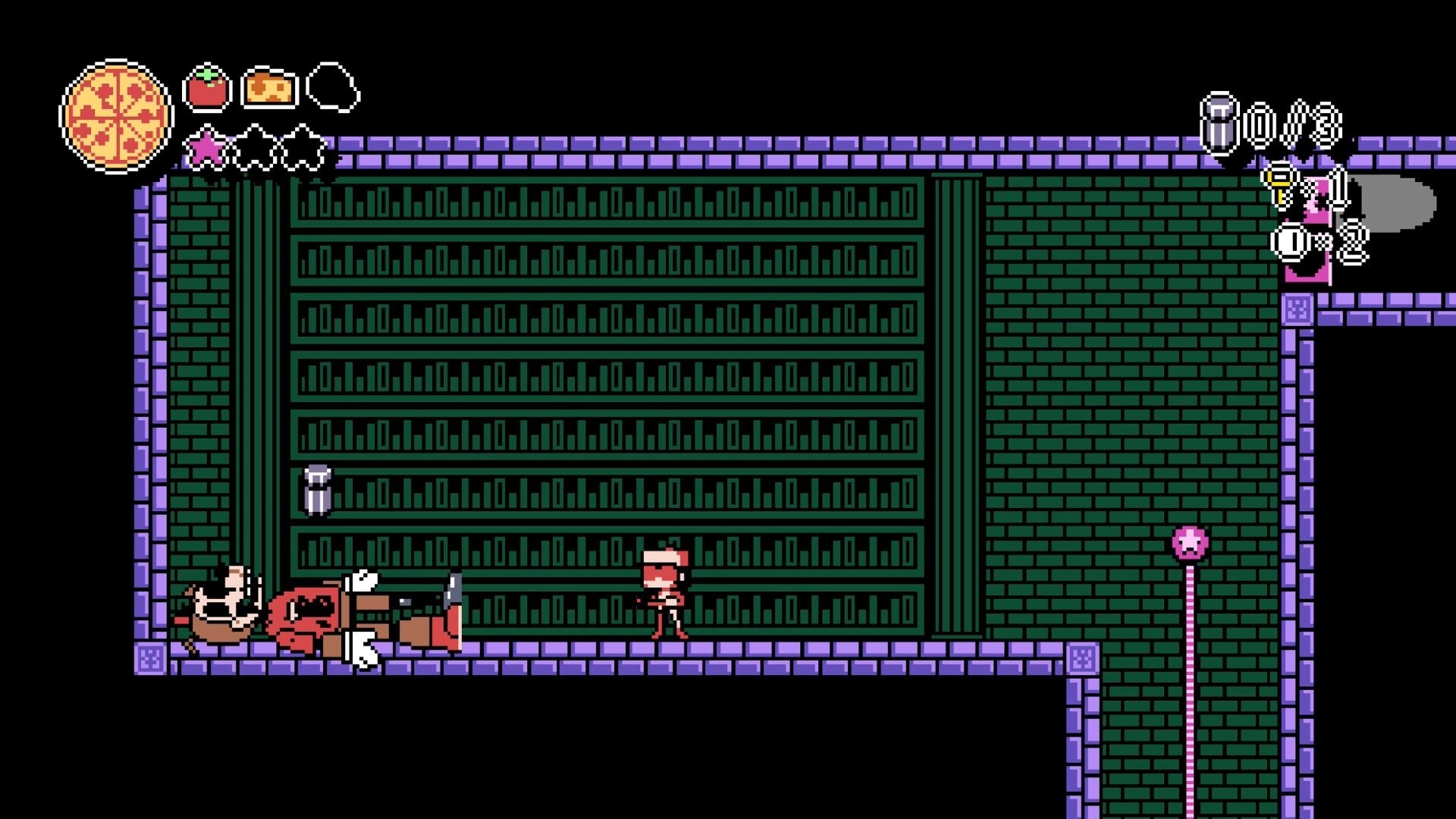 PizzaBoy: PizzaBoy runs past monsters and a fallen delivery cart in a green brick corridor level.