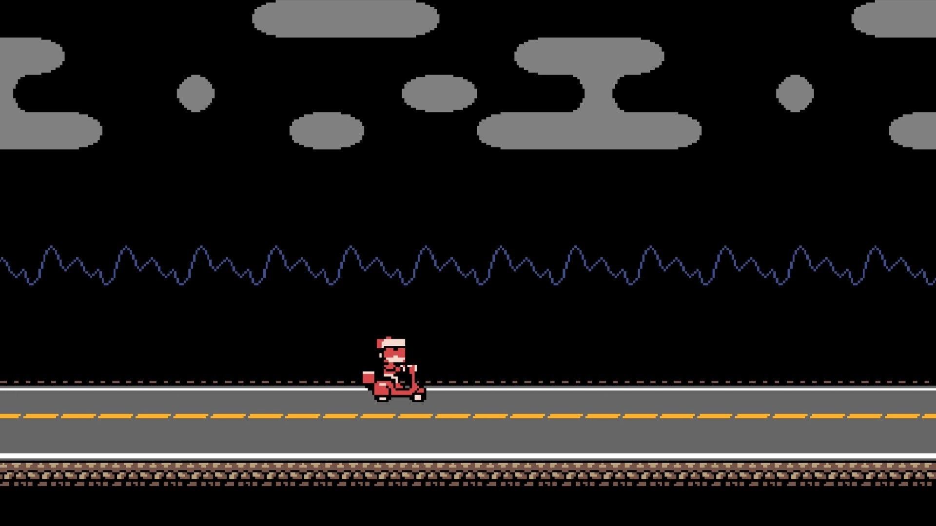 PizzaBoy: PizzaBoy rides a red scooter along a highway platform under dark sky and clouds.