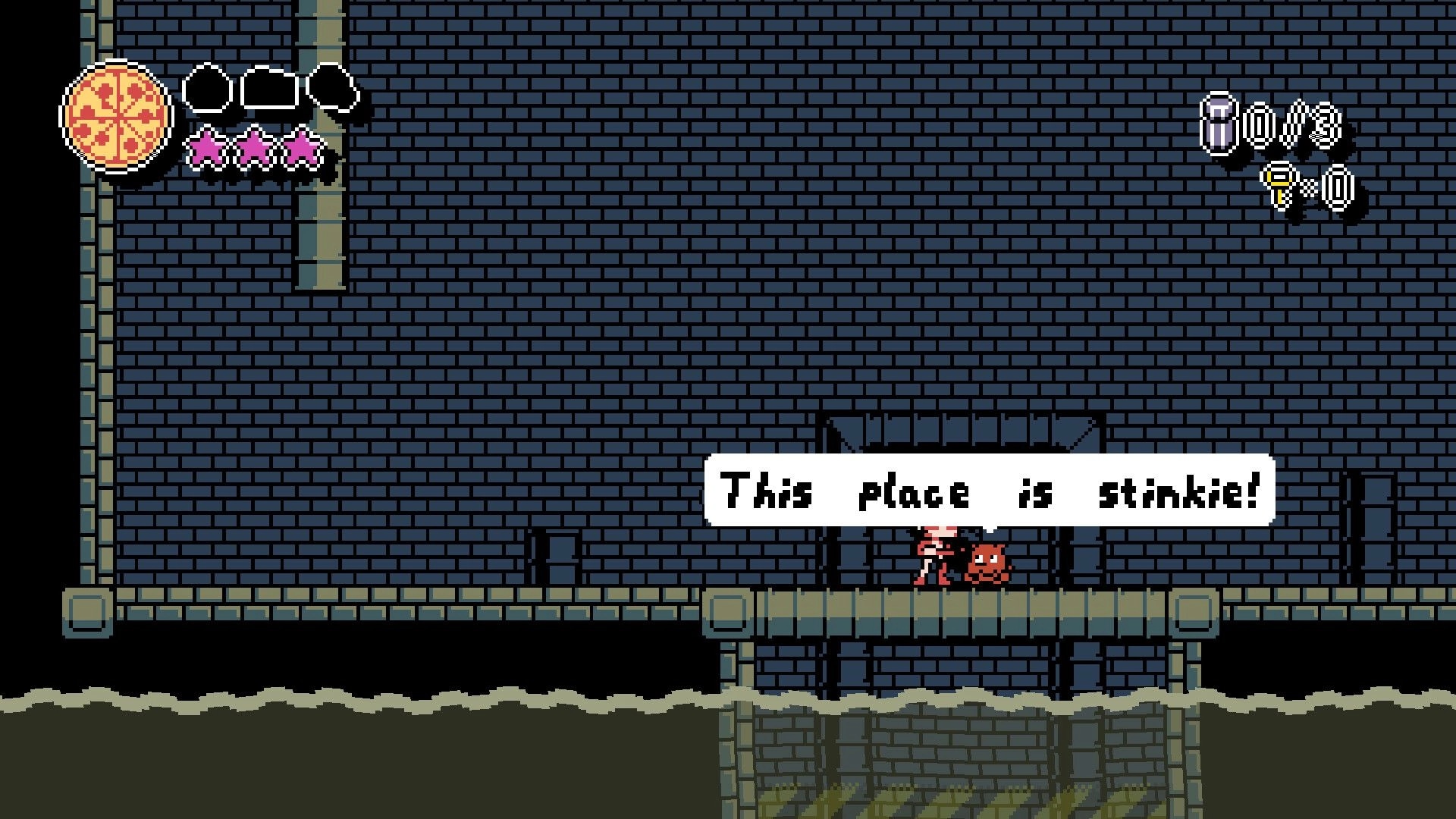 PizzaBoy: Player character by a red monster with “This place is stinkie!” in brick sewer level.