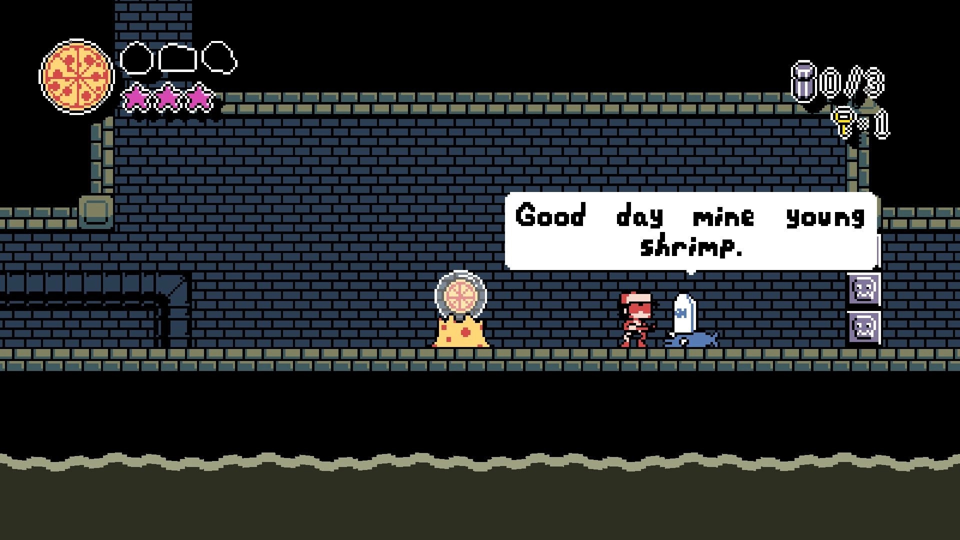 PizzaBoy: PizzaBoy talks to a blue ghost NPC with dialogue box in a dark brick dungeon corridor.