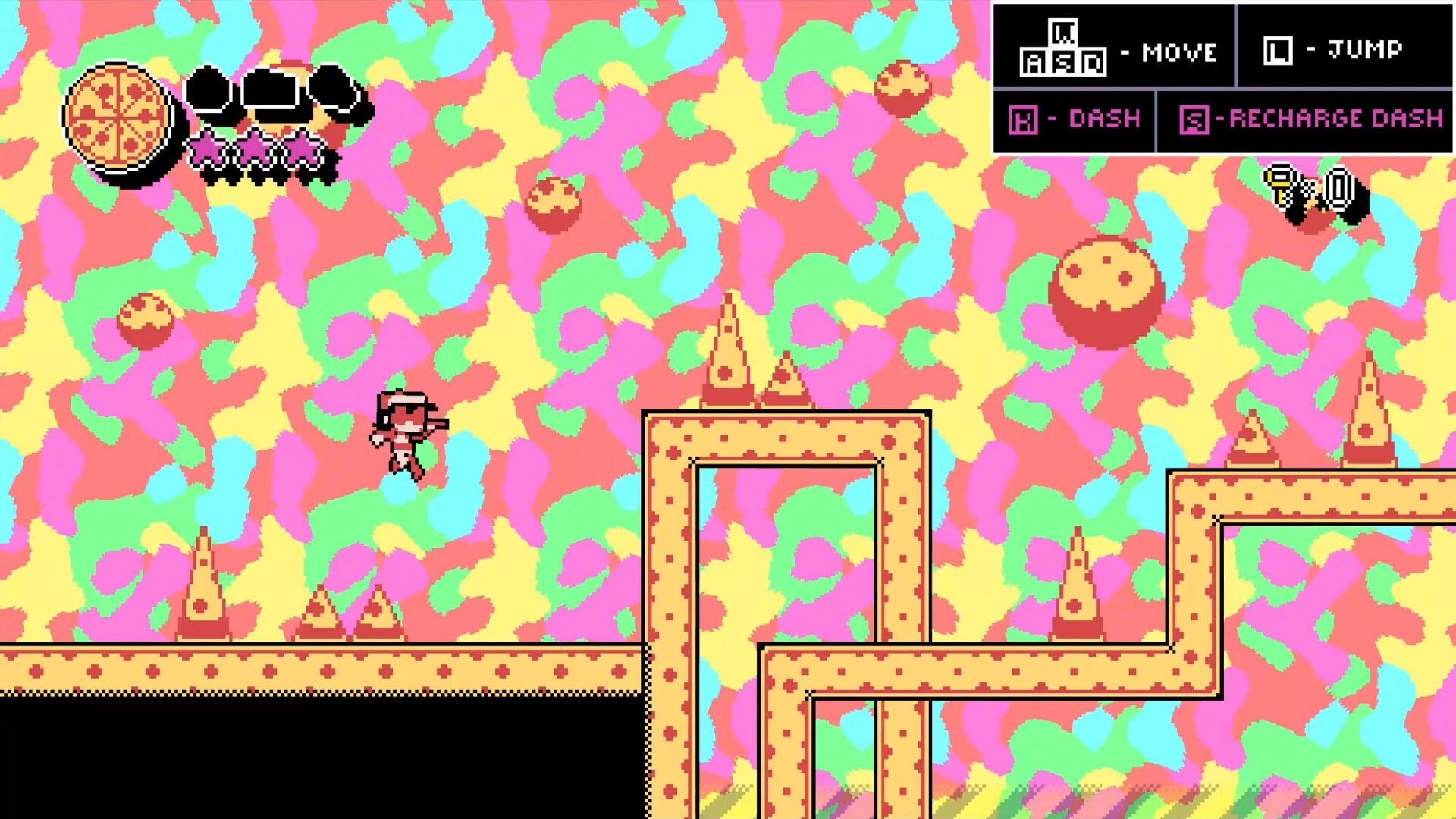 PizzaBoy: Character mid-jump on pizza platforms with move/jump/dash controls overlay in colorful stage.