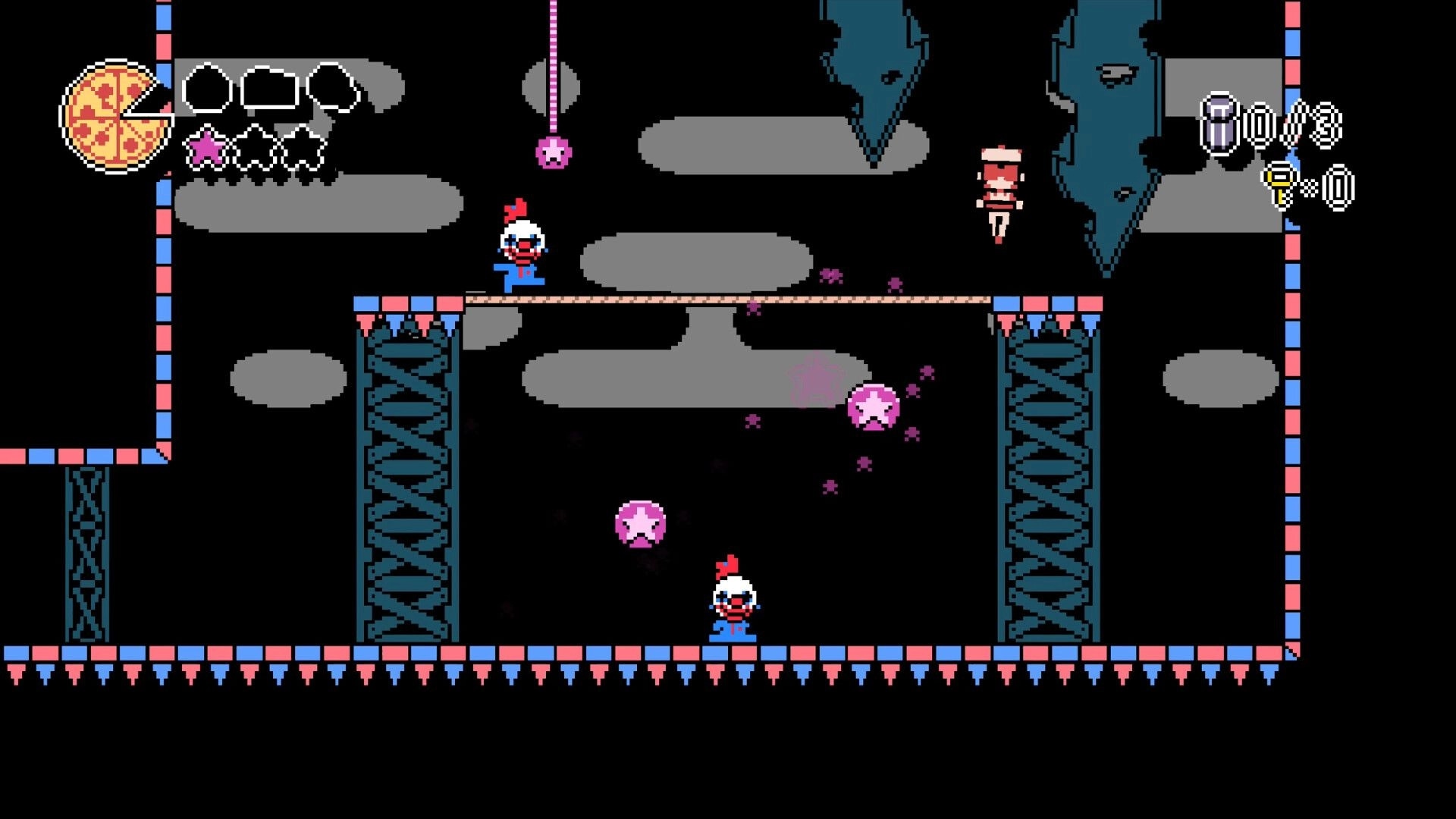 PizzaBoy: PizzaBoy dodges pink star orbs under a bridge, with pizza UI in a dark cavern level.