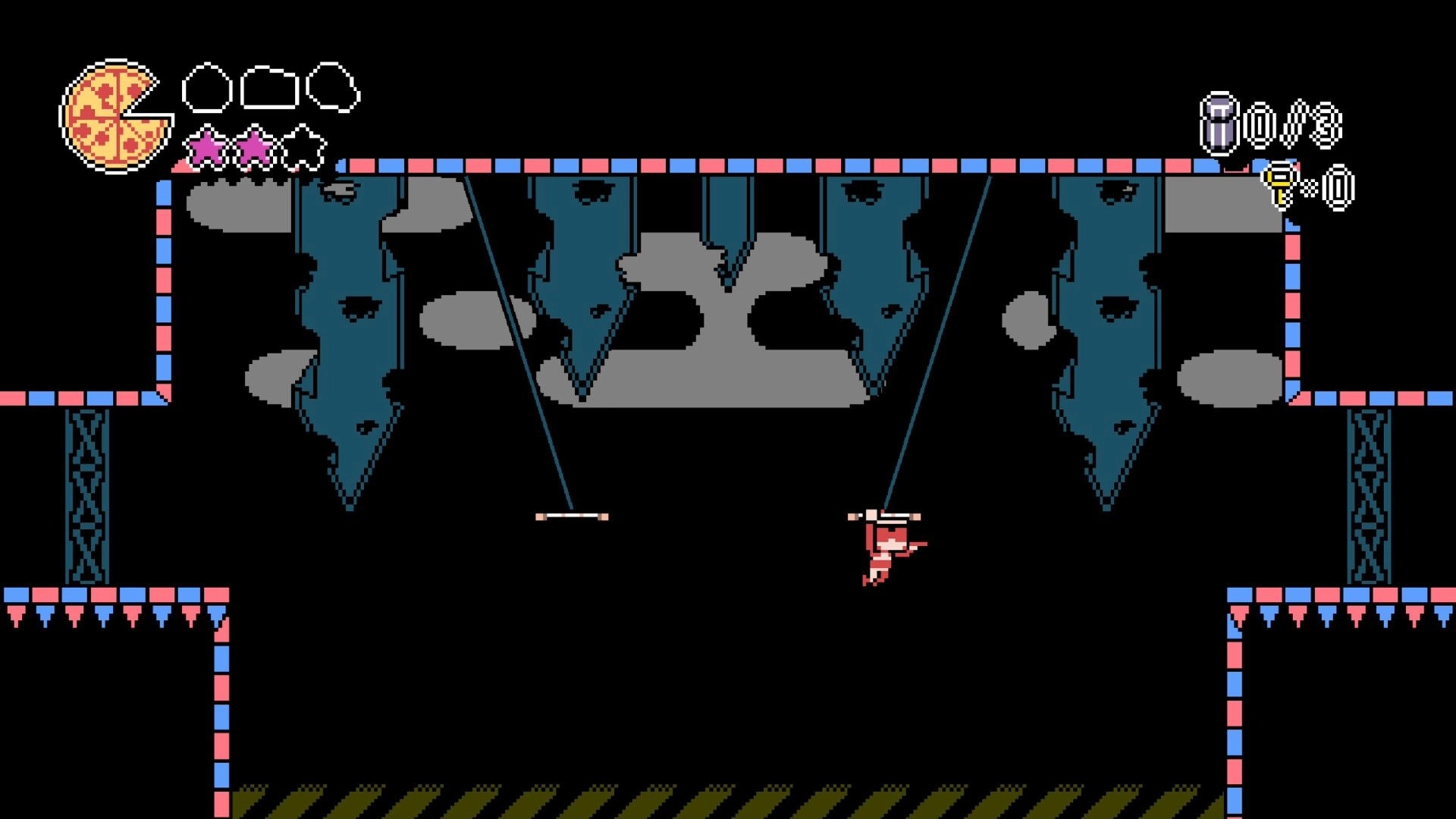 PizzaBoy: PizzaBoy swings on a rope past spikes and ledges in a dark cavern with HUD icons.