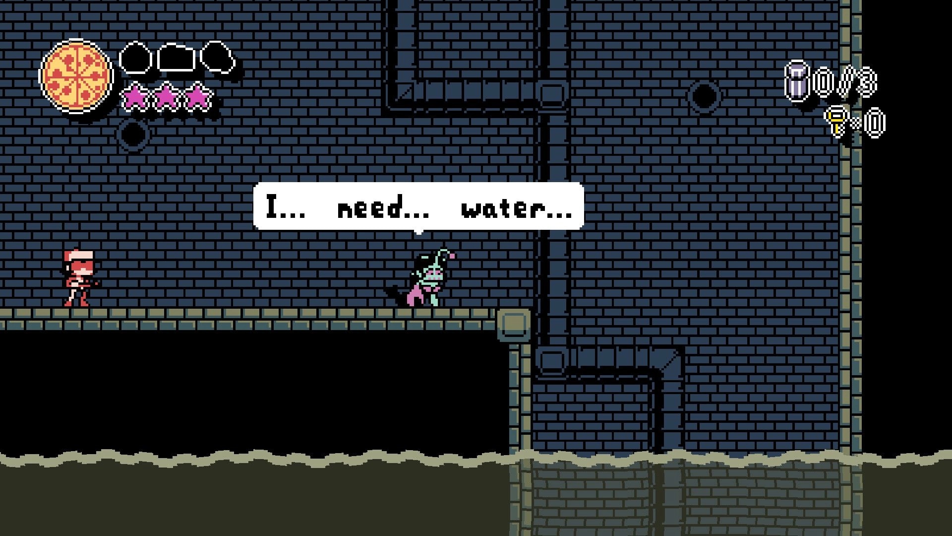 PizzaBoy: PizzaBoy faces a thirsty monster NPC with dialogue bubble in a brick sewer platform level.