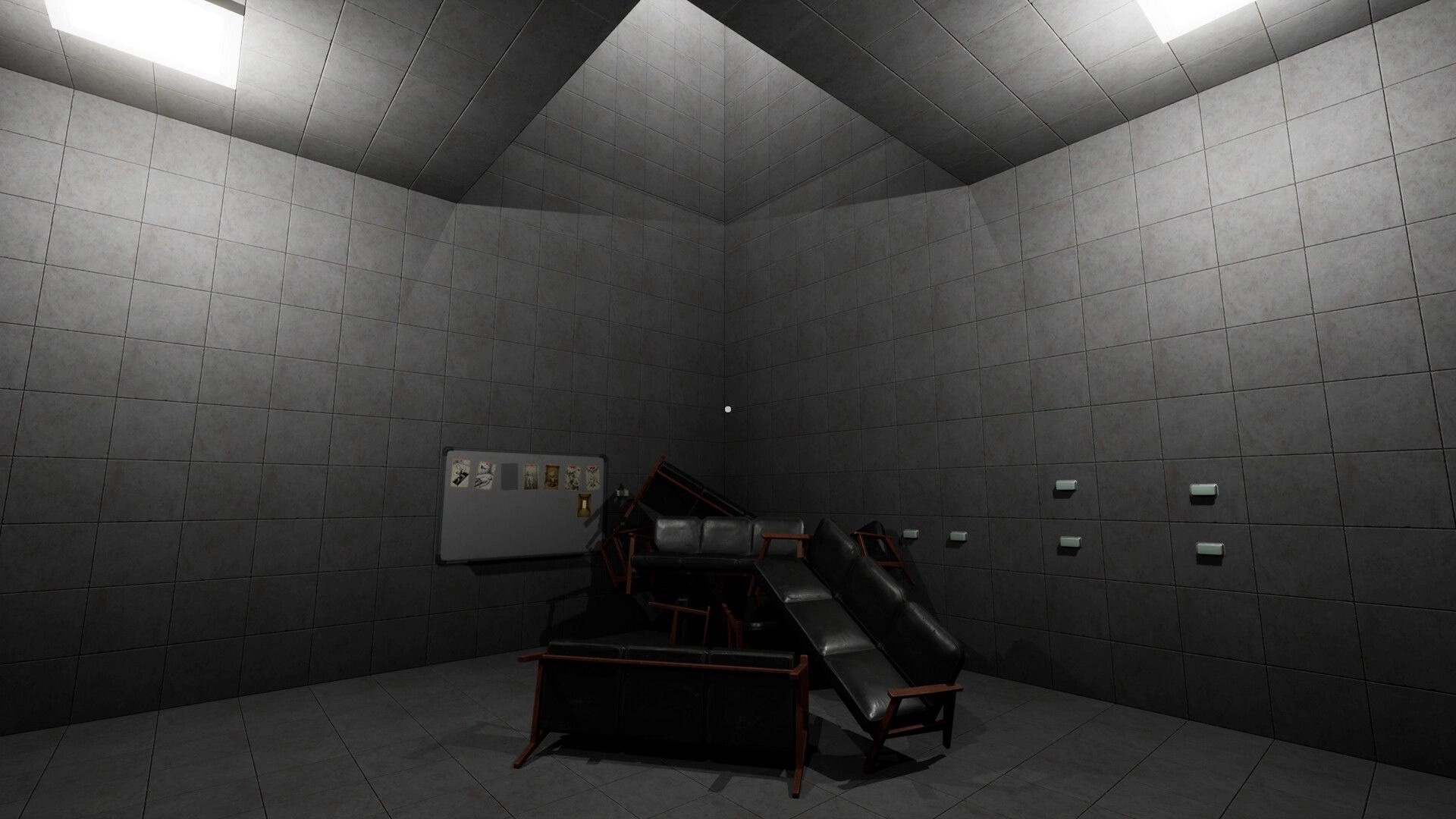 PLACE: Pile of overturned furniture in a dimly lit concrete room with buttons on the wall