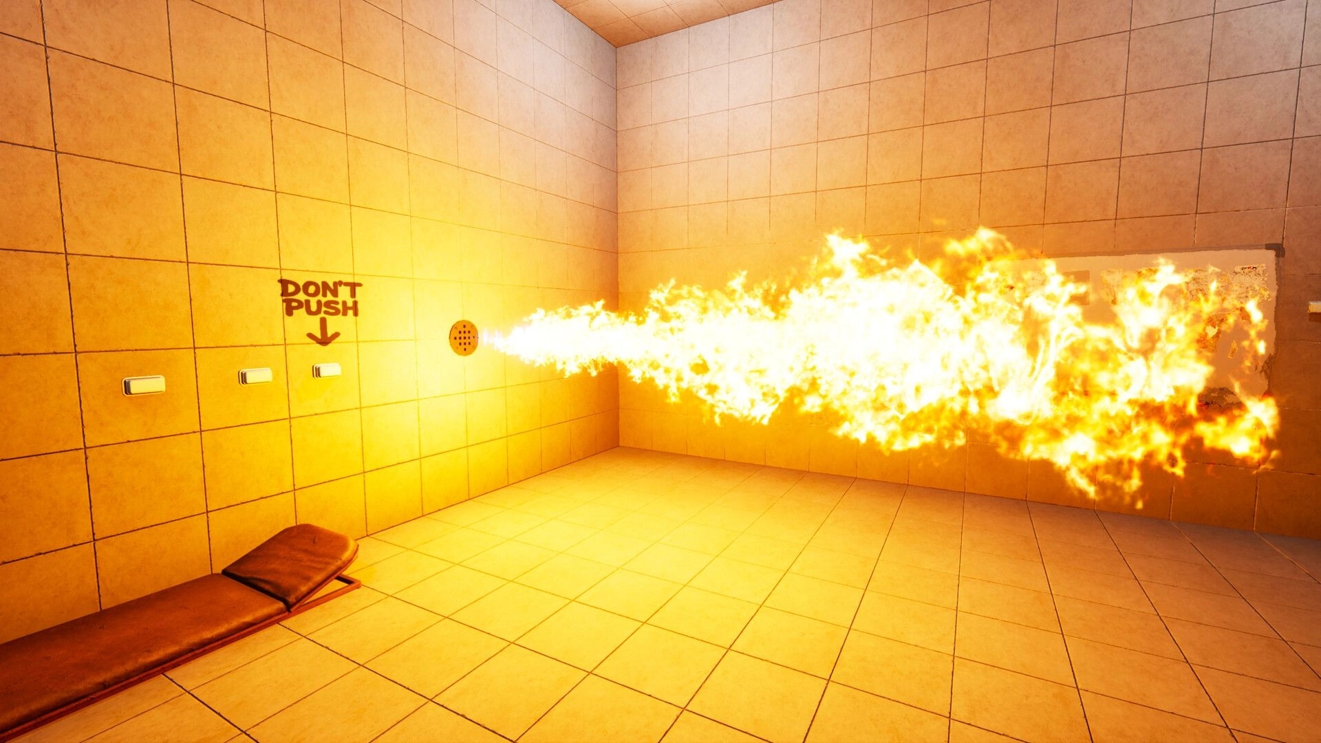 PLACE: Flames erupting from wall vent in a tiled room with warning sign and three buttons visible