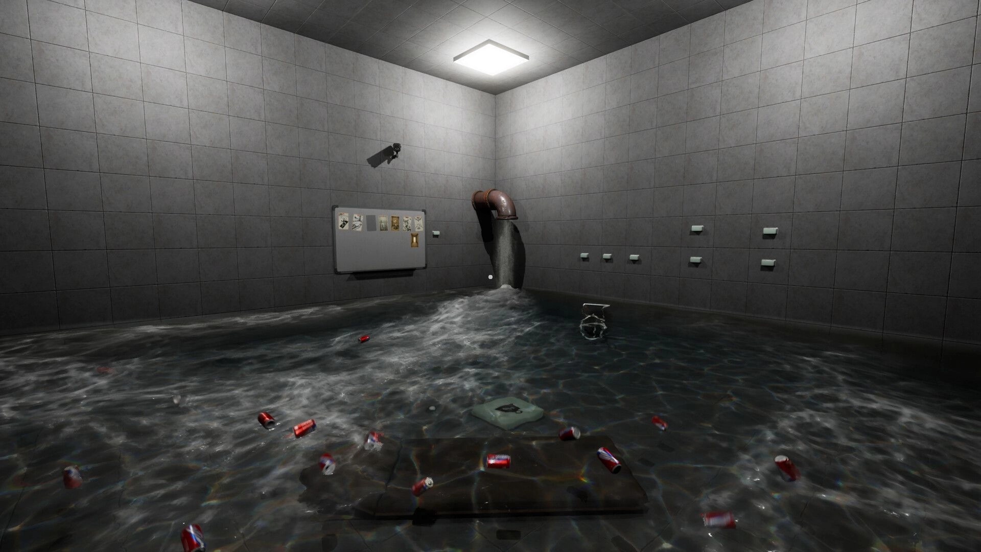 PLACE: Water filling concrete room with floating debris and surveillance camera on the wall