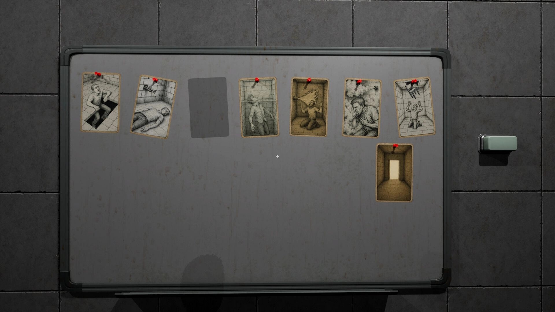 PLACE: Six pinned sketches on a gray board in a dimly lit concrete room with a lone button nearby.