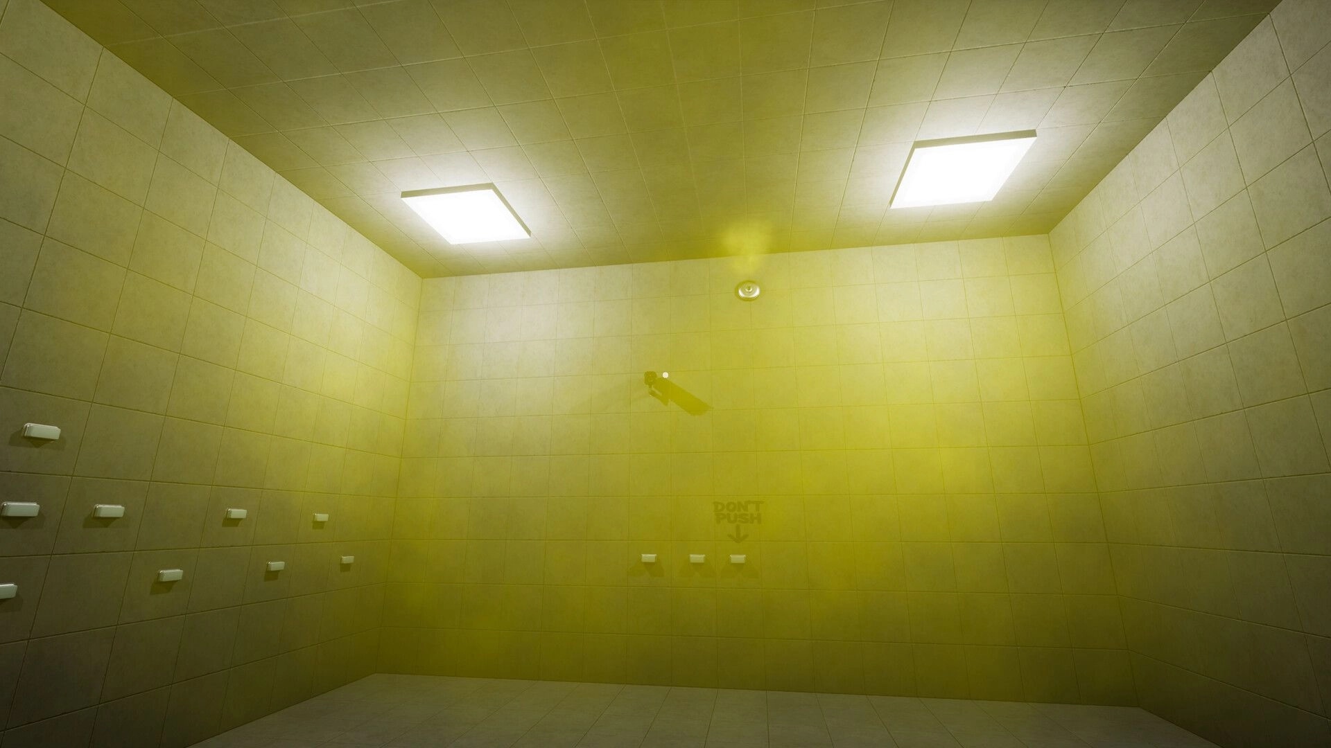 PLACE: Wall with numerous buttons and surveillance camera in dimly lit yellow-tinted concrete room