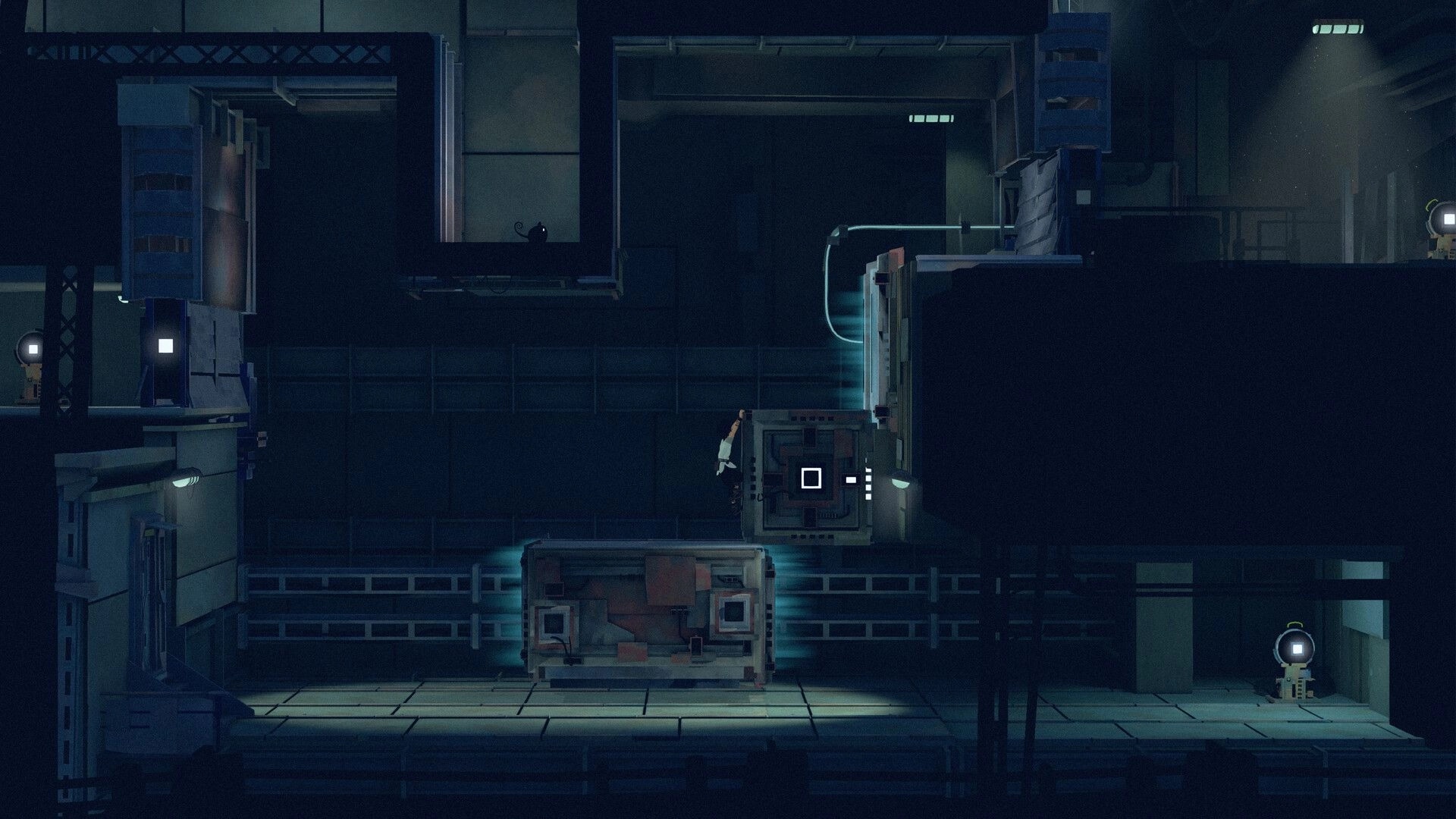 Planet of Lana II: Lana climbs a crate with a button prompt in a dim industrial facility corridor.
