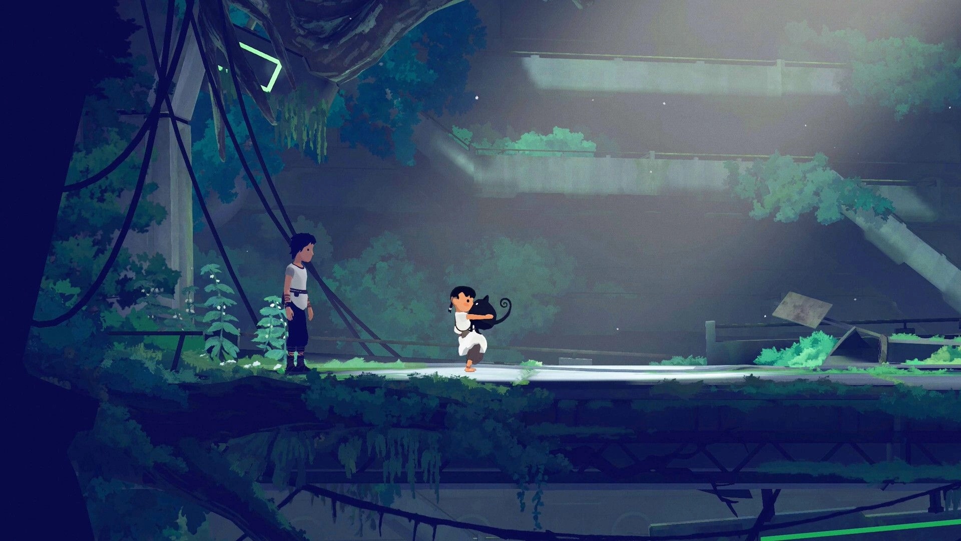 Planet of Lana II: Lana holds Mui while crossing a vine-covered platform in misty ruins at night.