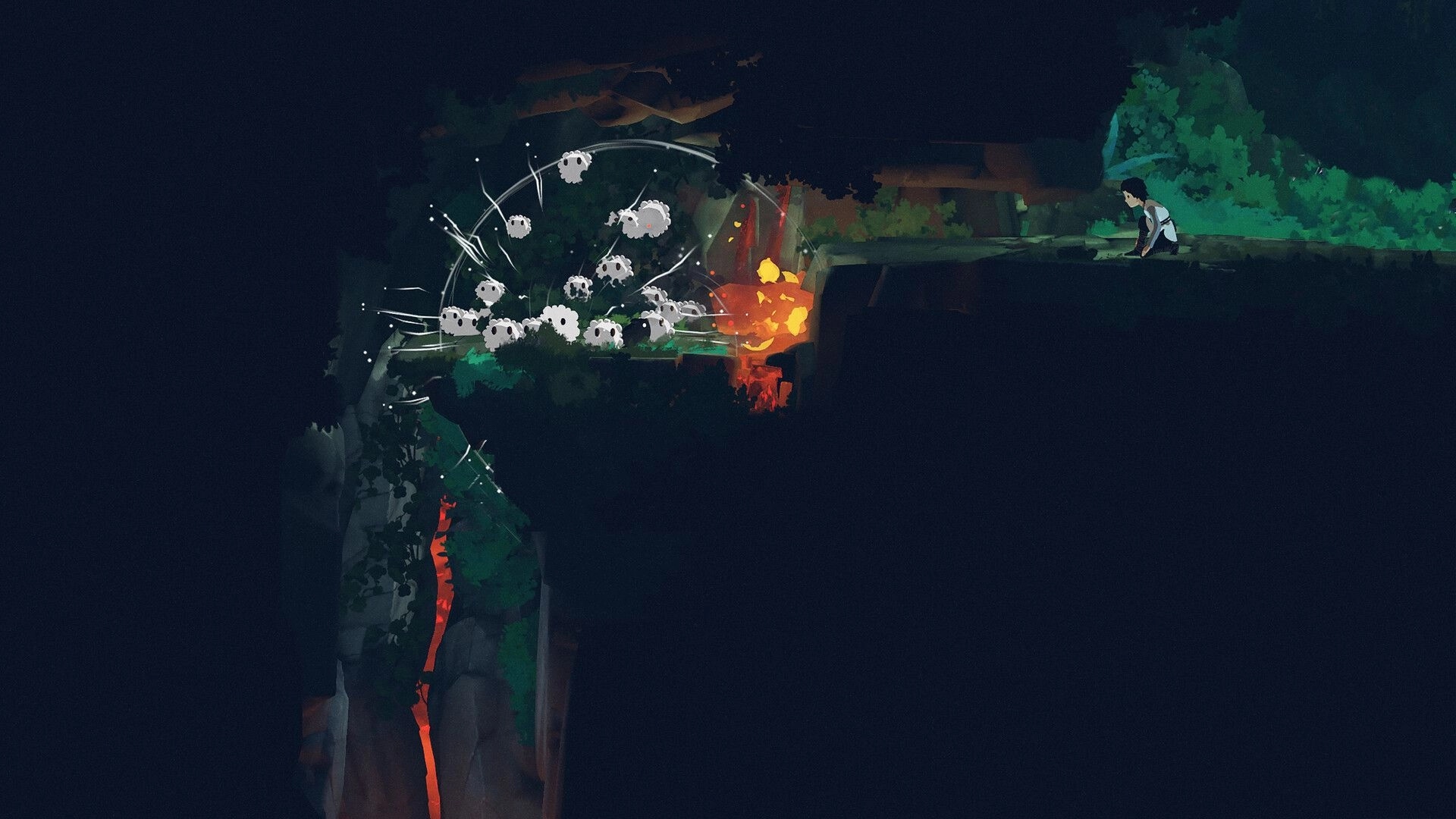 Planet of Lana II: Lana watches a swarm of fluffy creatures whirl by a lava vent in a dark forest cliff.