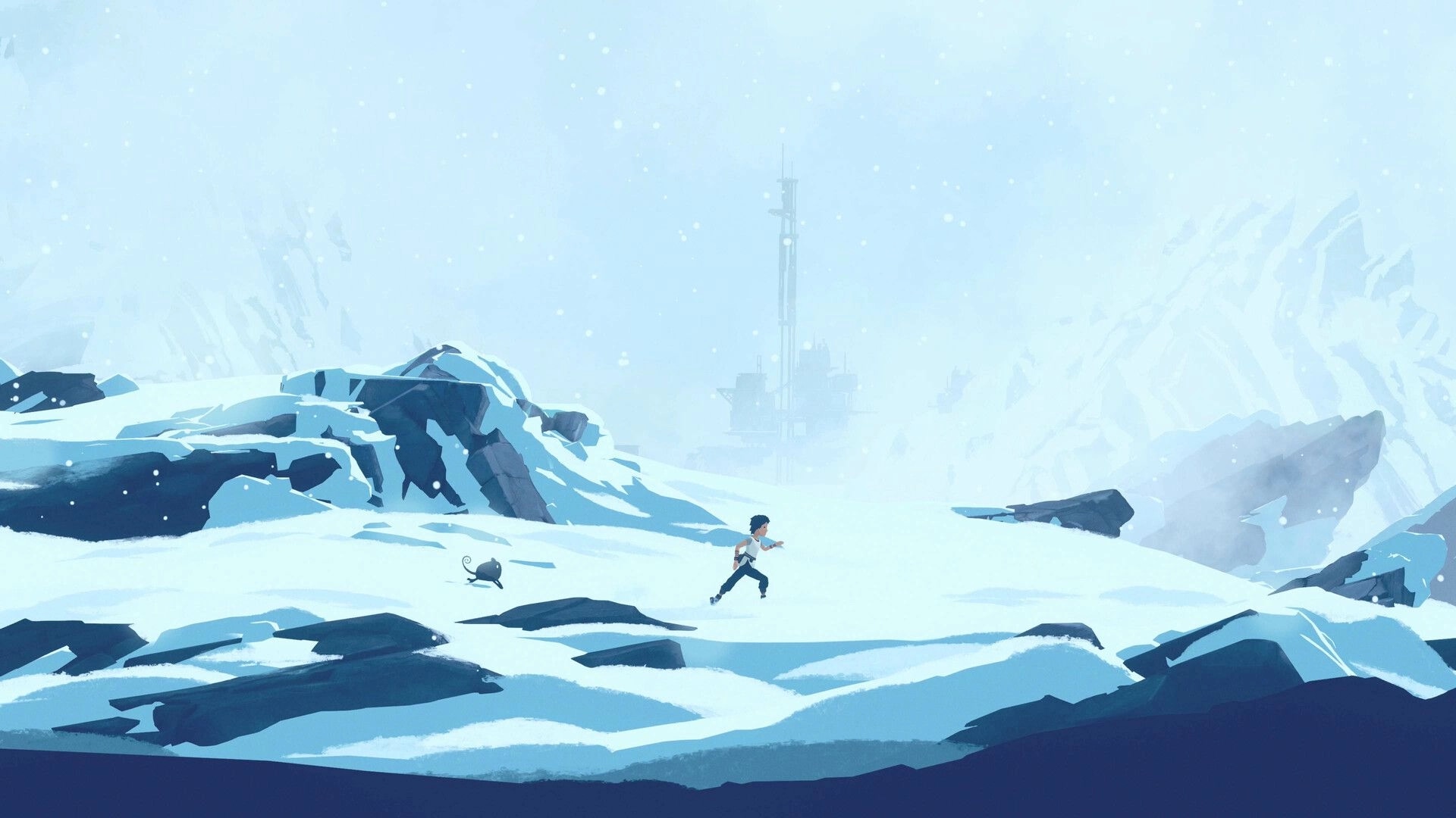 Planet of Lana II: Lana runs with Mui across snowy rocks in a blizzard, distant tower in haze.