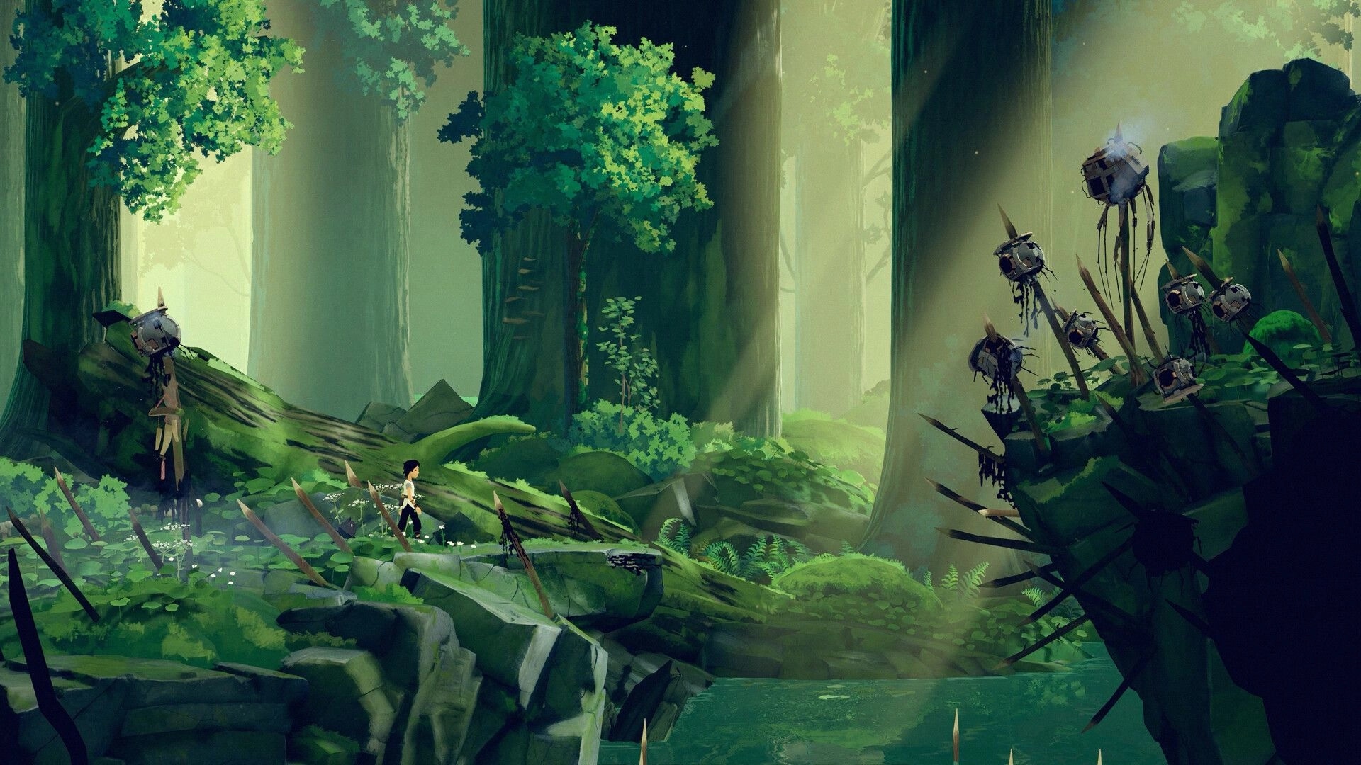 Planet of Lana II: Lana walks along mossy rocks past hanging drones in a misty forest ravine.