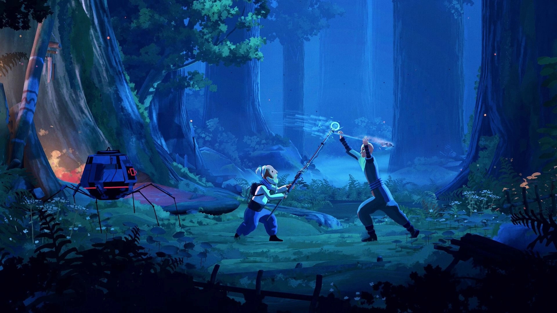 Planet of Lana II: Two characters spar with glowing staff beside spider-like robot in misty forest glade.