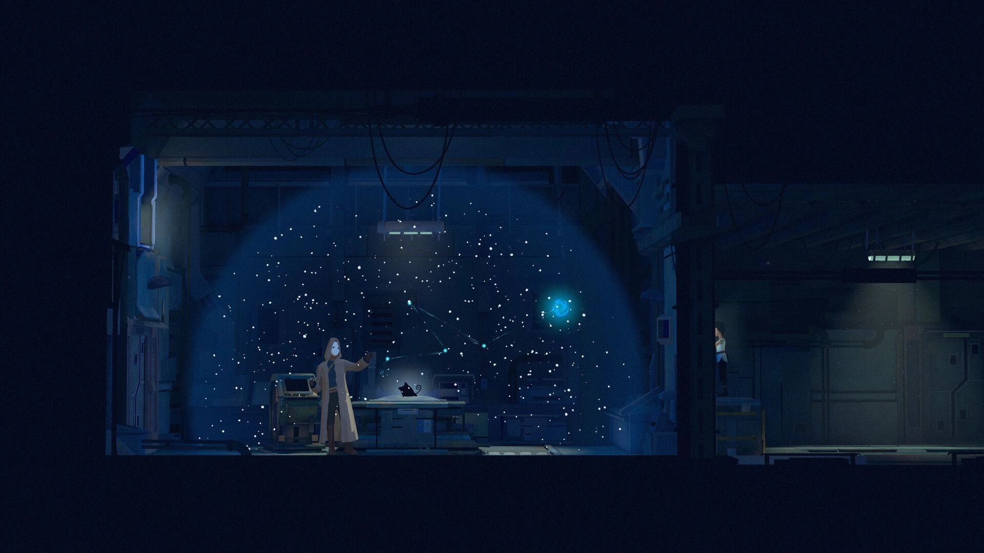 Planet of Lana II: Hooded figure studies starry hologram above lab table in dim sci-fi facility corridor.
