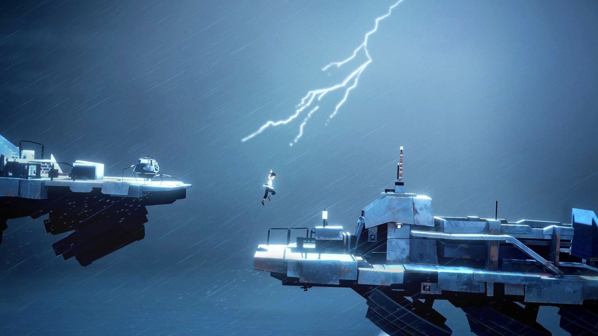 Planet of Lana II: Lana leaps between metal platforms in heavy rain under a lightning-lit sky.