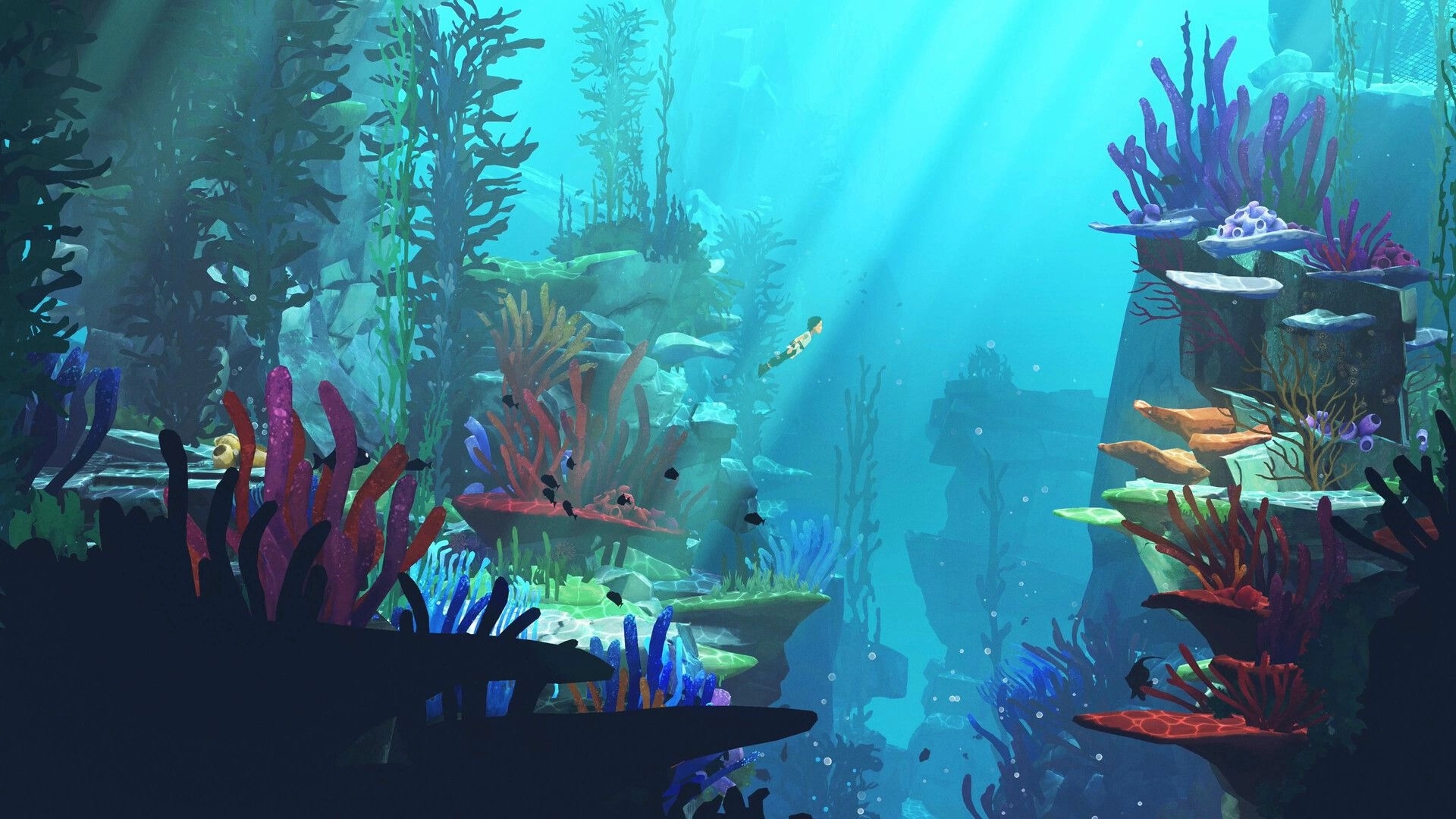 Planet of Lana II: Lana swims between coral platforms in a bright underwater canyon with kelp and fish.