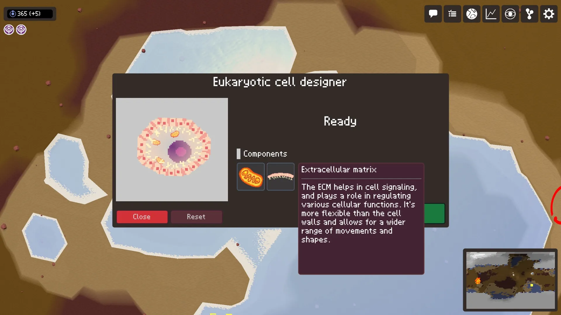 Planetary Life: Eukaryotic cell designer interface with extracellular matrix details and map view