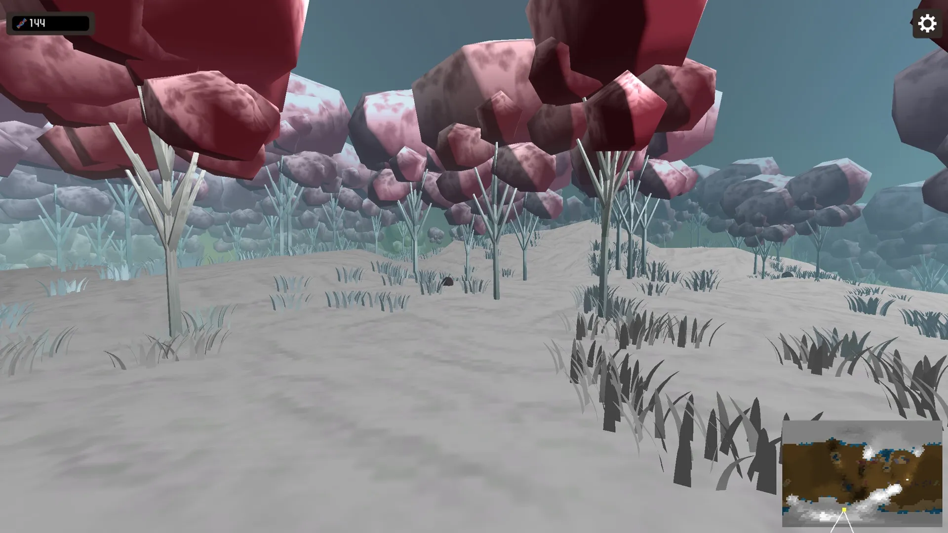 Planetary Life: Explore a surreal forest with red cubic trees and a mini-map interface in the corner.