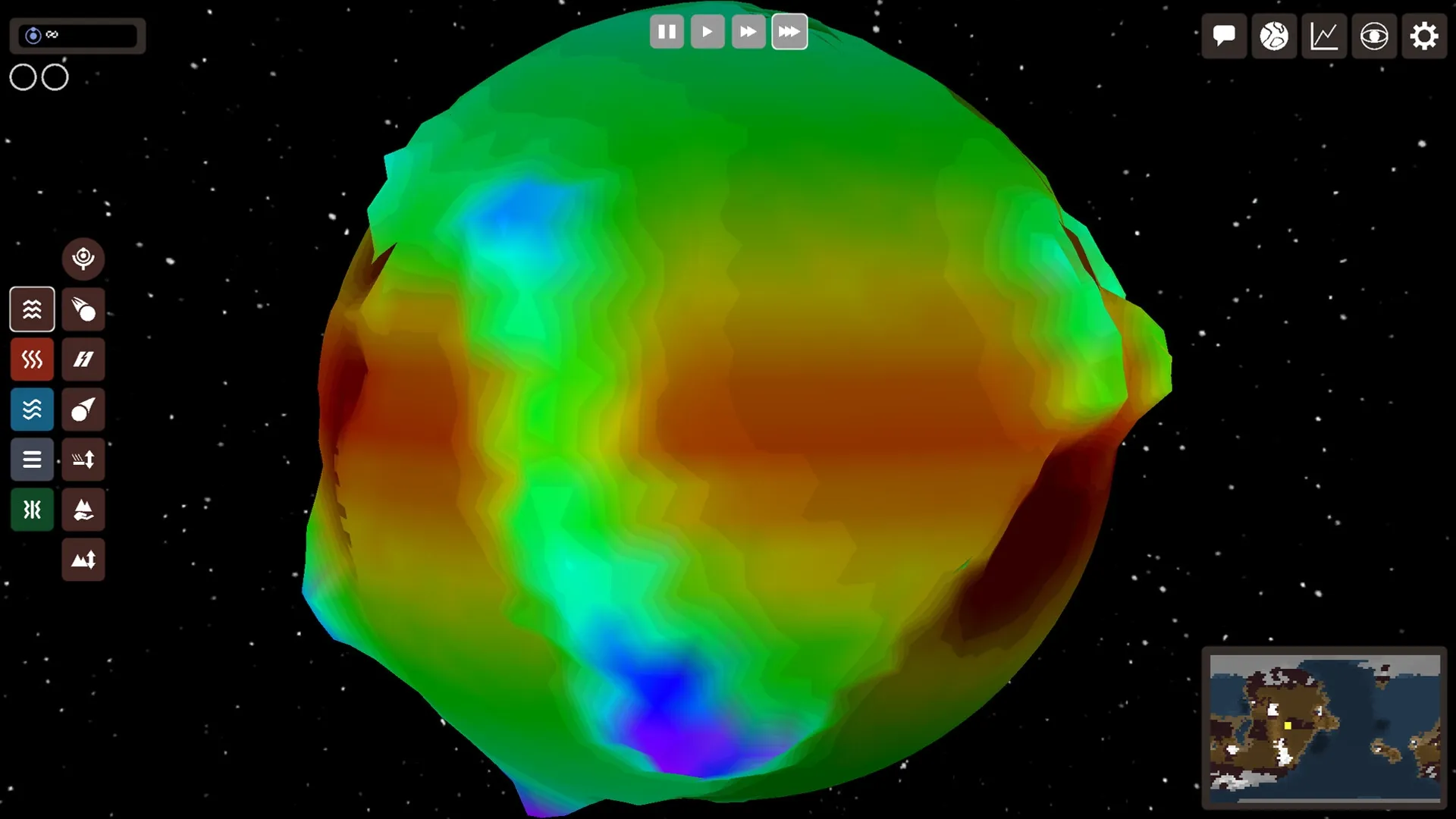Planetary Life: Colorful planet climate map with control panel and mini-map in space environment