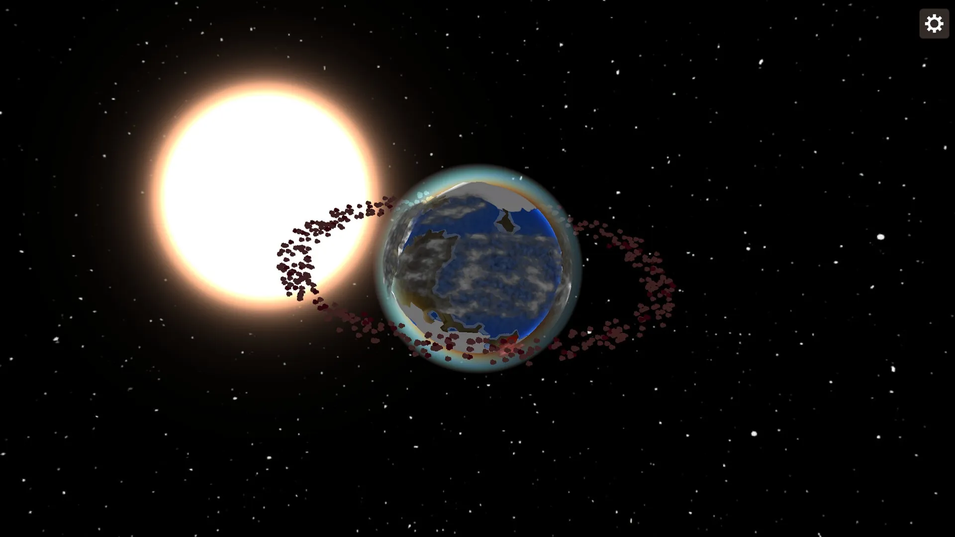 Planetary Life: Planet with cloud cover and orbiting particles near a bright star in a starry space backdrop