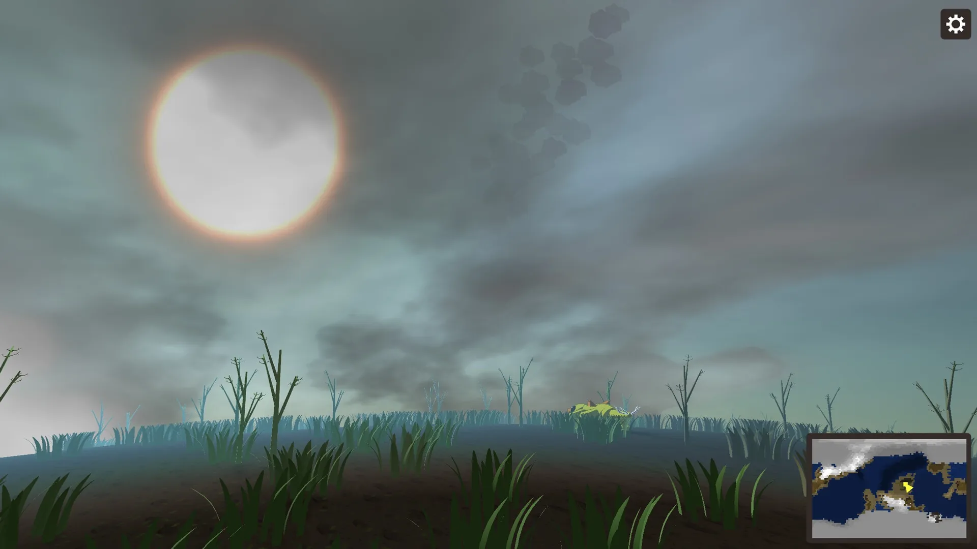 Planetary Life: Dense grassland under a cloudy sky with a sun and a map interface in the bottom corner.