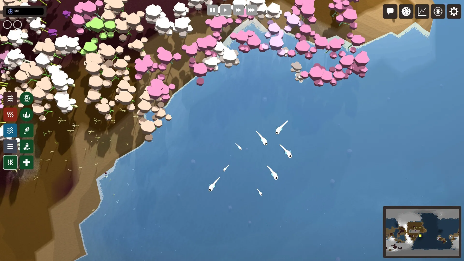 Planetary Life: Creatures swimming in a lake beside colorful terrain with UI elements on the screen