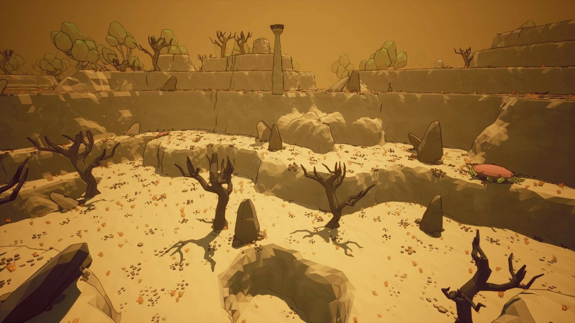 Planetation: Empty rocky basin with dead trees and boulders under orange sky, no UI visible.