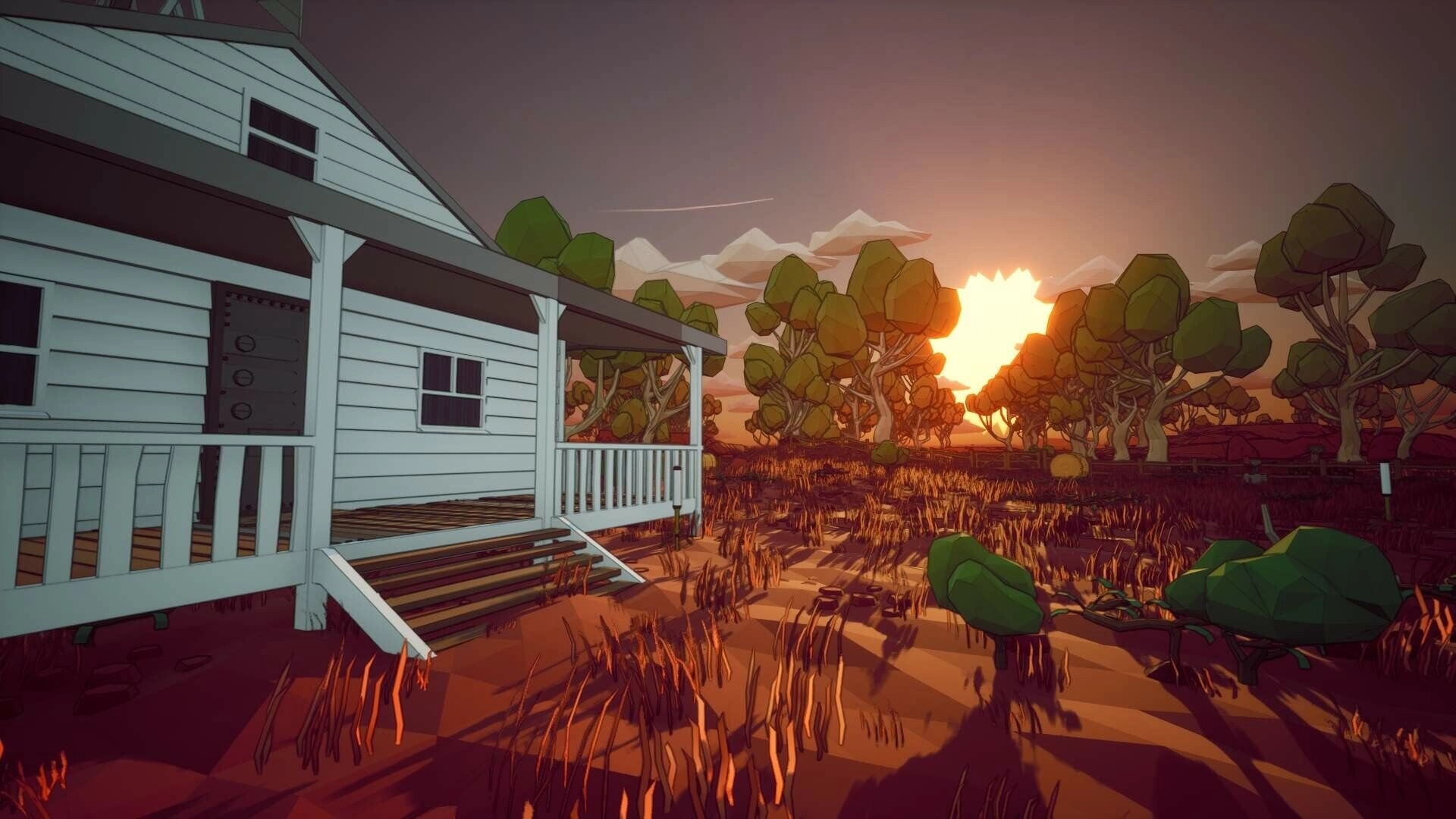 Planetation: White farmhouse porch at sunset overlooking grassy fields and stylized trees on alien farmstead.