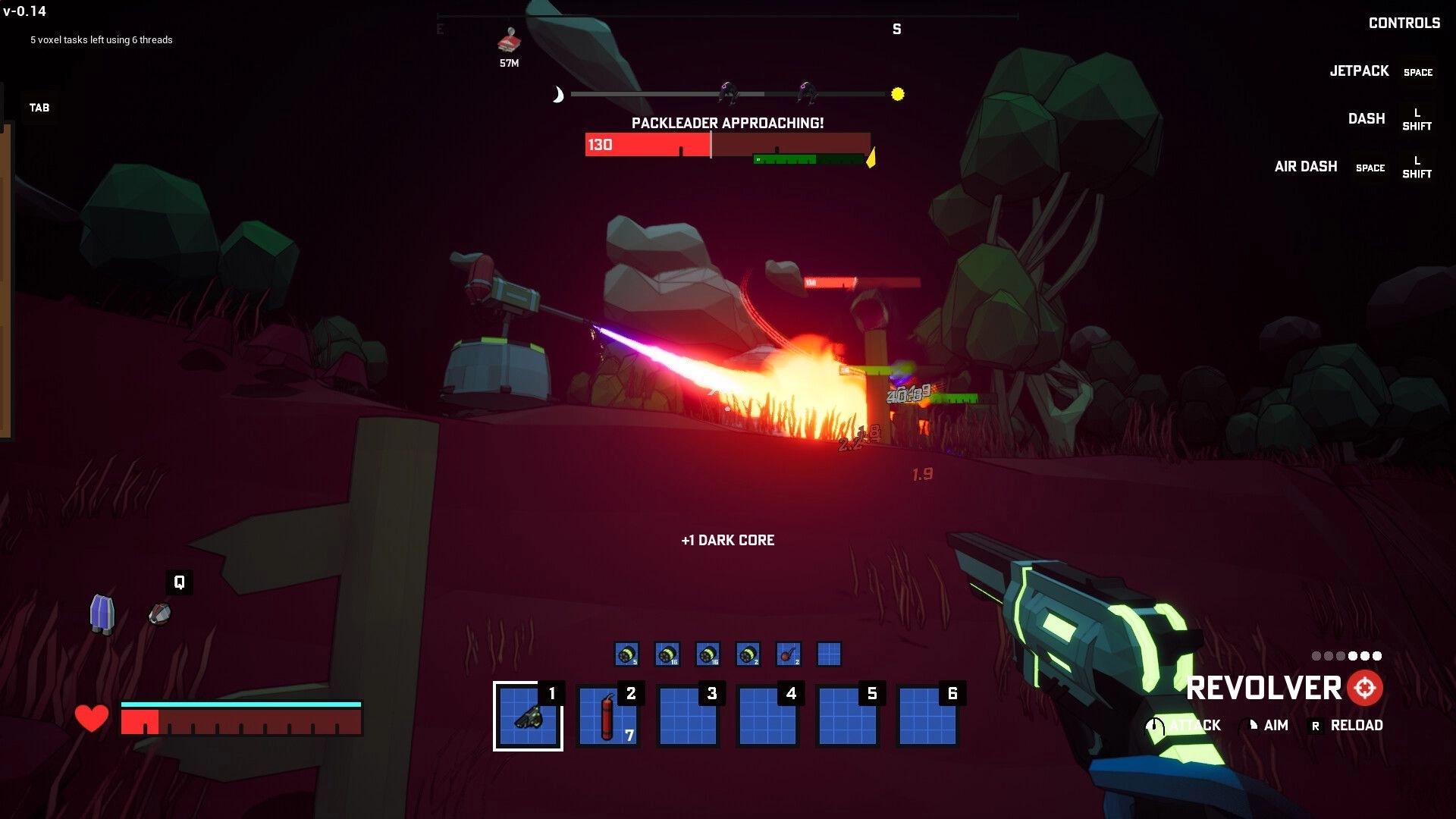 Planetation: First-person revolver firefight as "Packleader approaching" warns in a dark forest clearing.